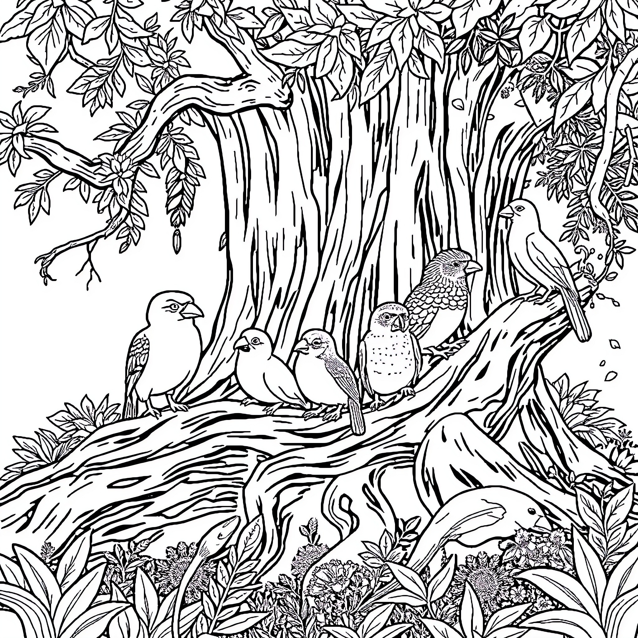 Forest Animals Resting on Fallen Trunk Coloring Page (free black-and-white line drawing printable PDF for all, from beginners to advanced learners, including children, teens, adults, and seniors)