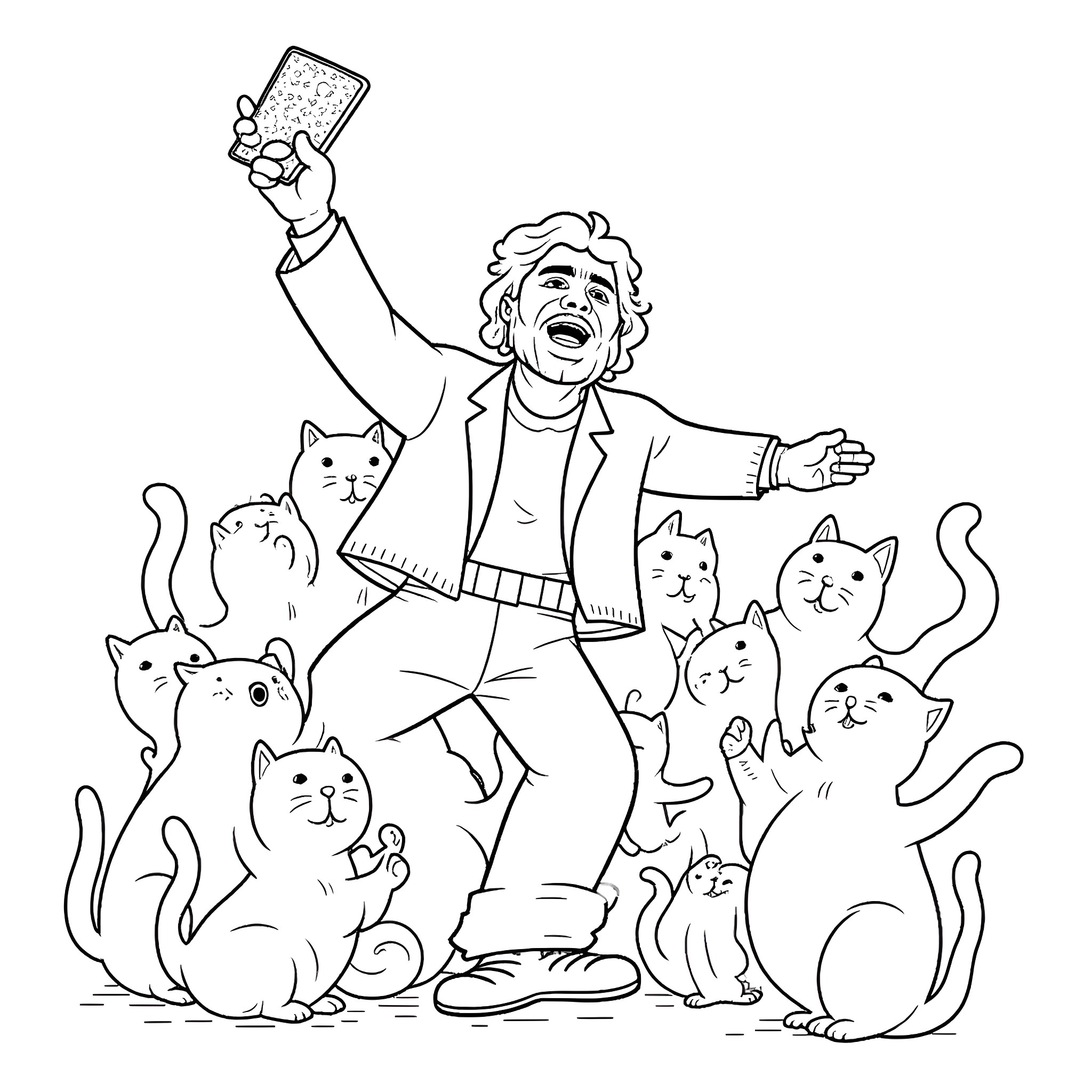 Che Guevara taking a selfie with his cat companions Coloring Page (free black-and-white line drawing printable PDF for all, from beginners to advanced learners, including children, teens, adults, and seniors)