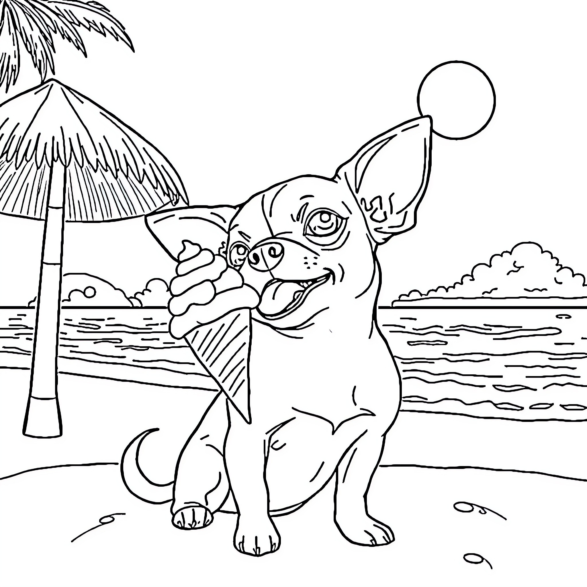 Chihuahua playing happily on the beach Coloring Page (free black-and-white line drawing printable PDF for all, from beginners to advanced learners, including children, teens, adults, and seniors)