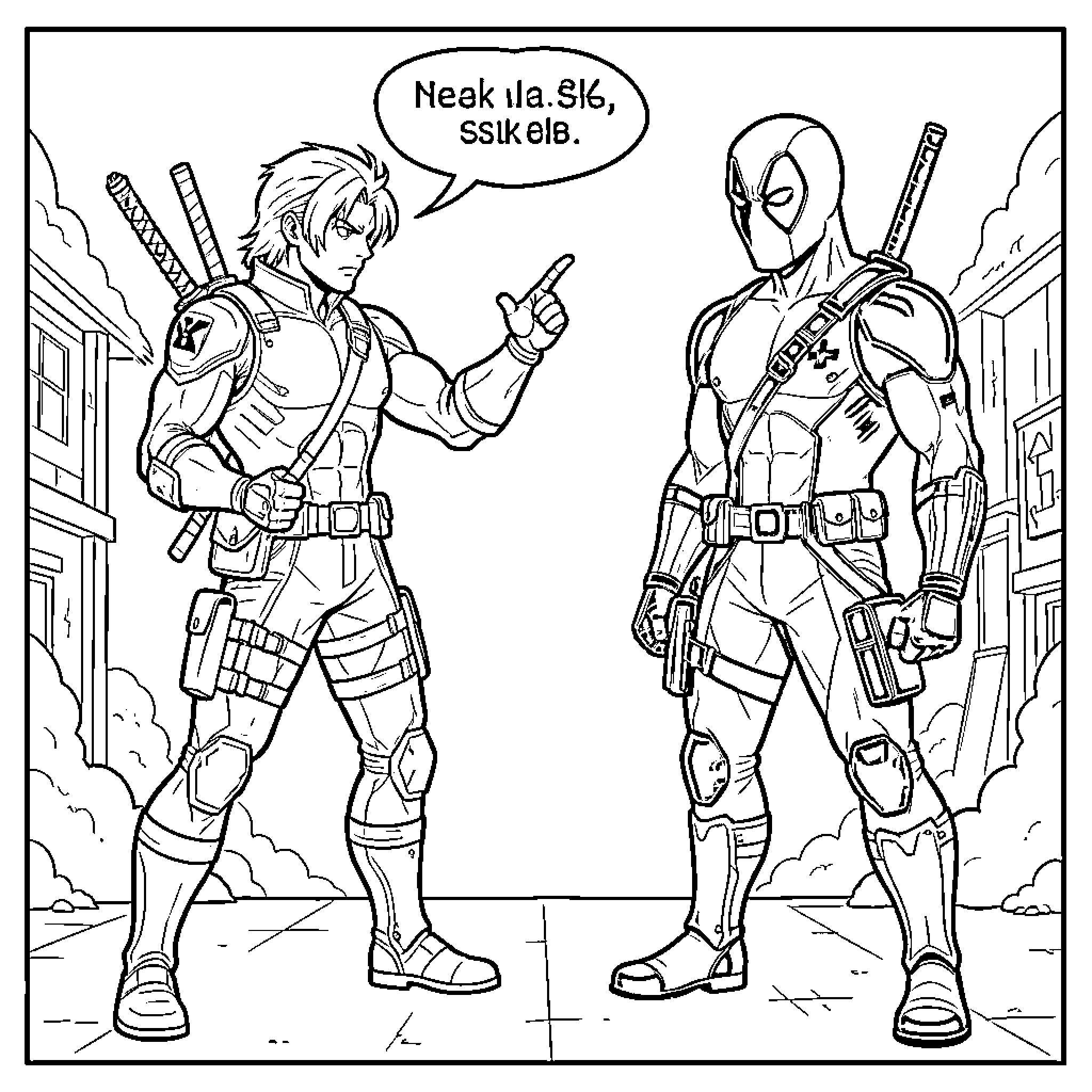 Sangoku confronting Deadpool in an urban street setting Coloring Page (free black-and-white line drawing printable PDF for all, from beginners to advanced learners, including children, teens, adults, and seniors)