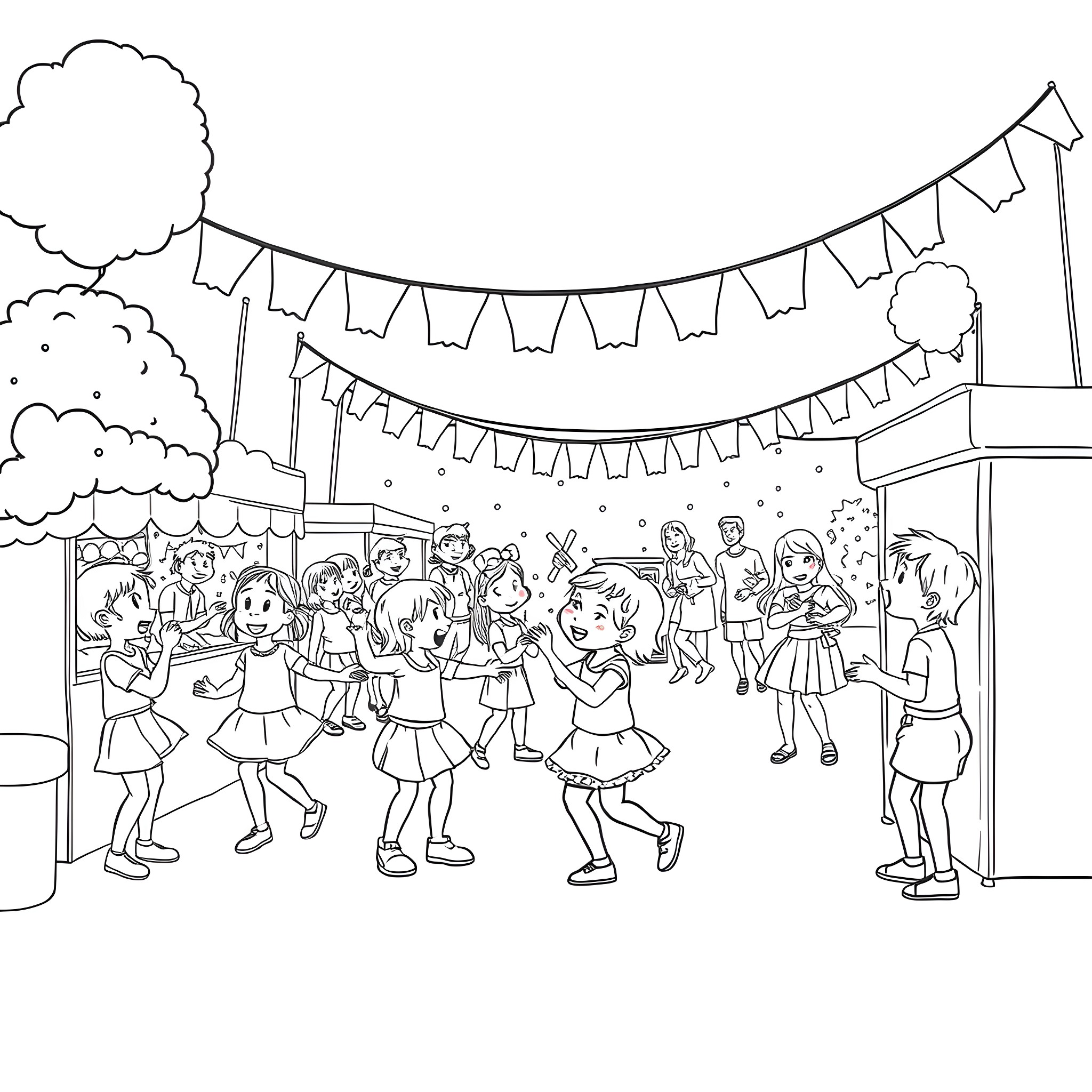 Kids Party Celebrating with Balloons and Dancing Coloring Page (free black-and-white line drawing printable PDF for all, from beginners to advanced learners, including children, teens, adults, and seniors)