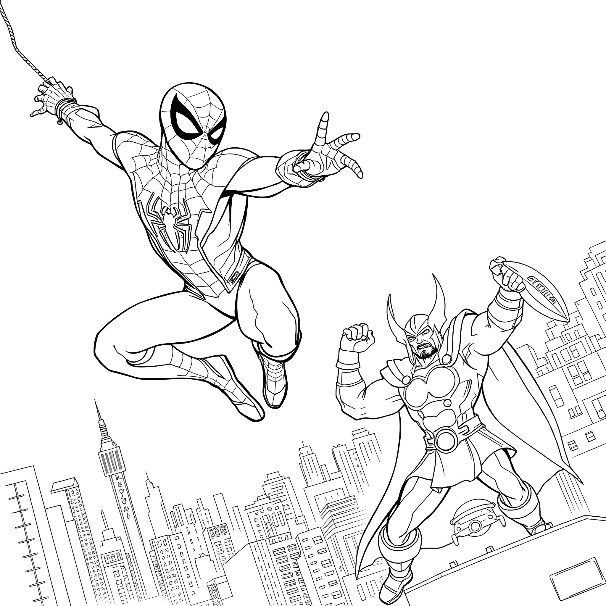 Superhero showdown in the city skyline Coloring Page (free black-and-white line drawing printable PDF for all, from beginners to advanced learners, including children, teens, adults, and seniors)
