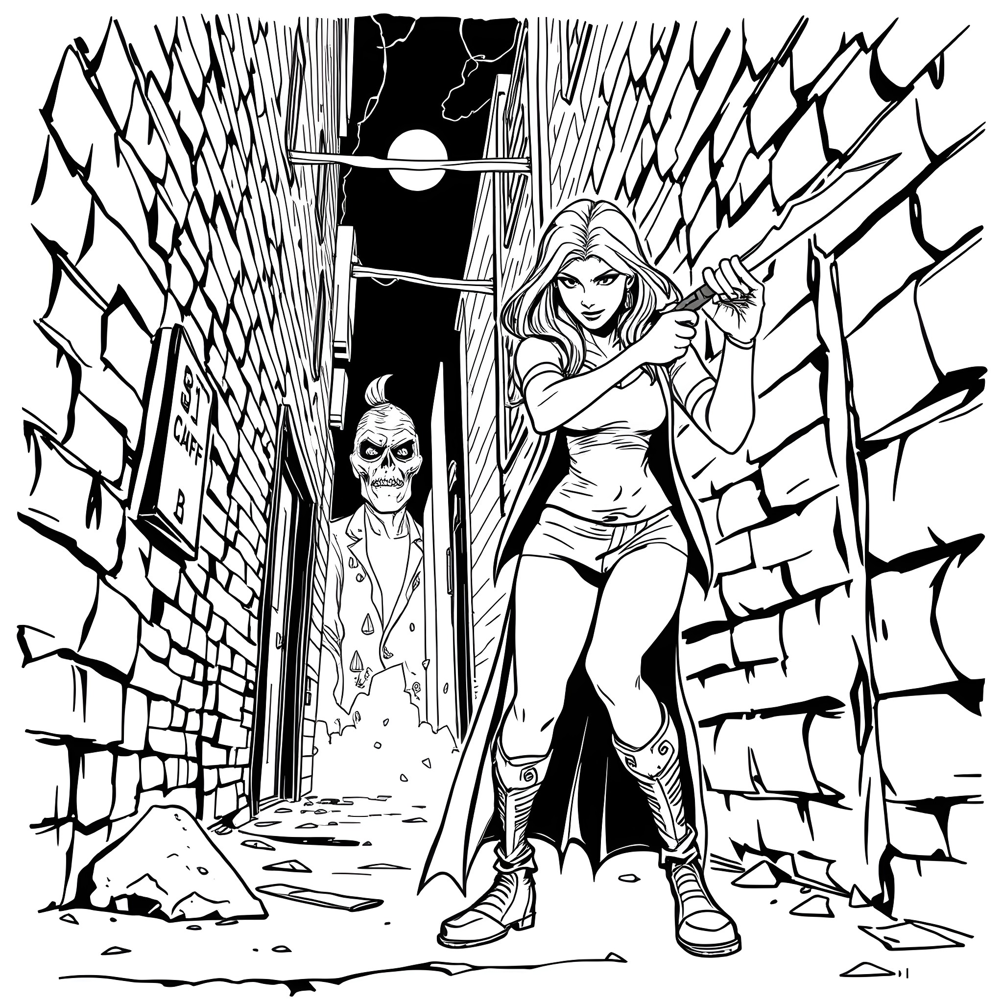Buffy's Heroic Showdown in the Shadowy Alleyway Coloring Page (free black-and-white line drawing printable PDF for all, from beginners to advanced learners, including children, teens, adults, and seniors)