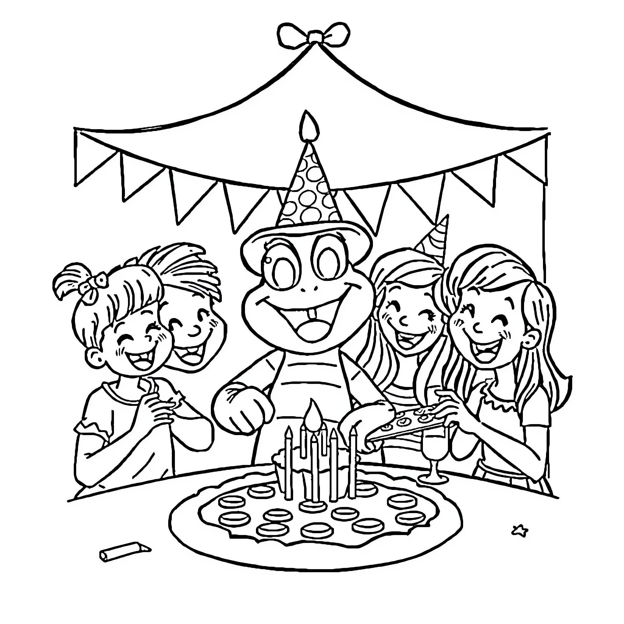 Brainrot: Children's Birthday Party Celebration Coloring Page (free black-and-white line drawing printable PDF for all, from beginners to advanced learners, including children, teens, adults, and seniors)