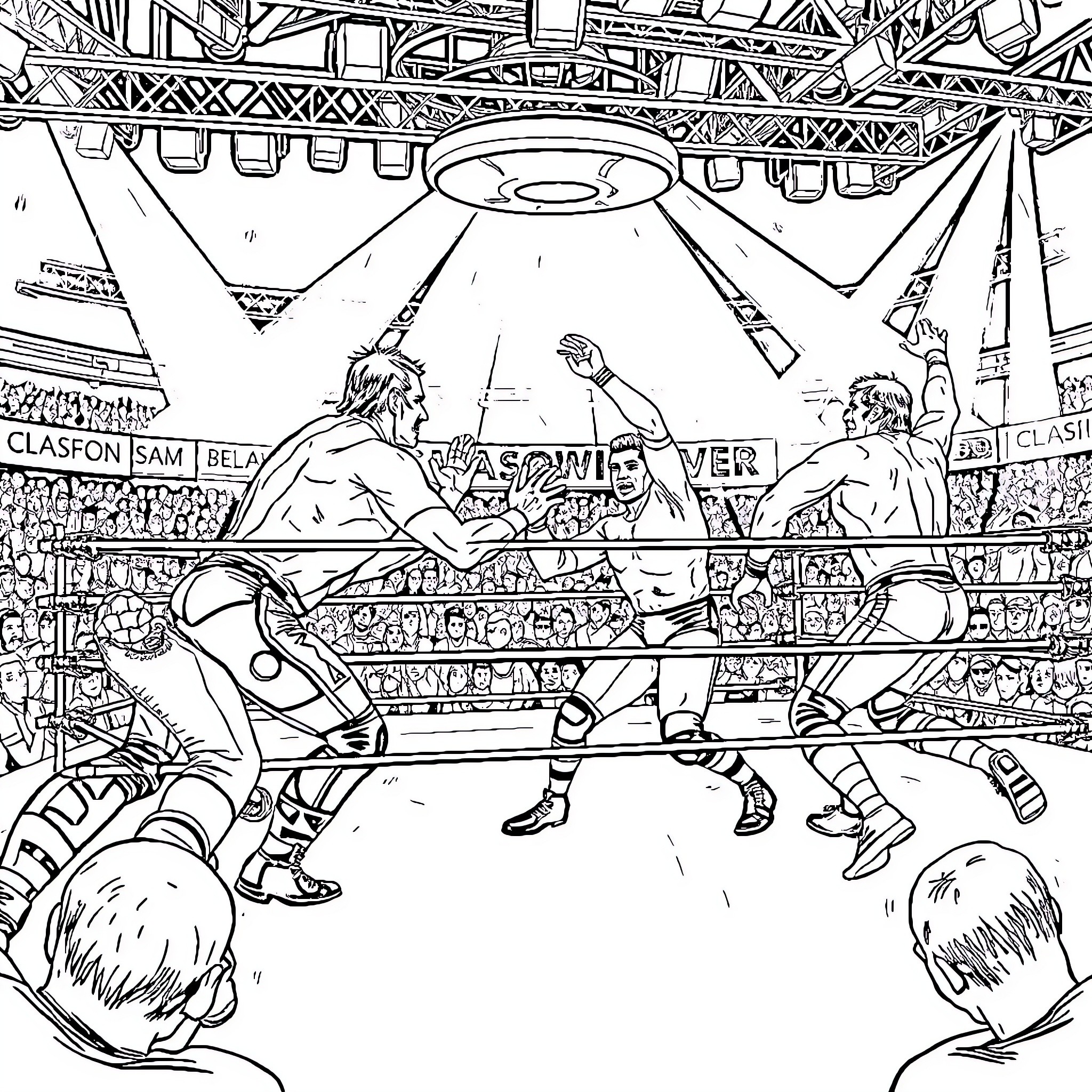 Wrestler's intense match in the wrestling ring Coloring Page (free black-and-white line drawing printable PDF for all, from beginners to advanced learners, including children, teens, adults, and seniors)