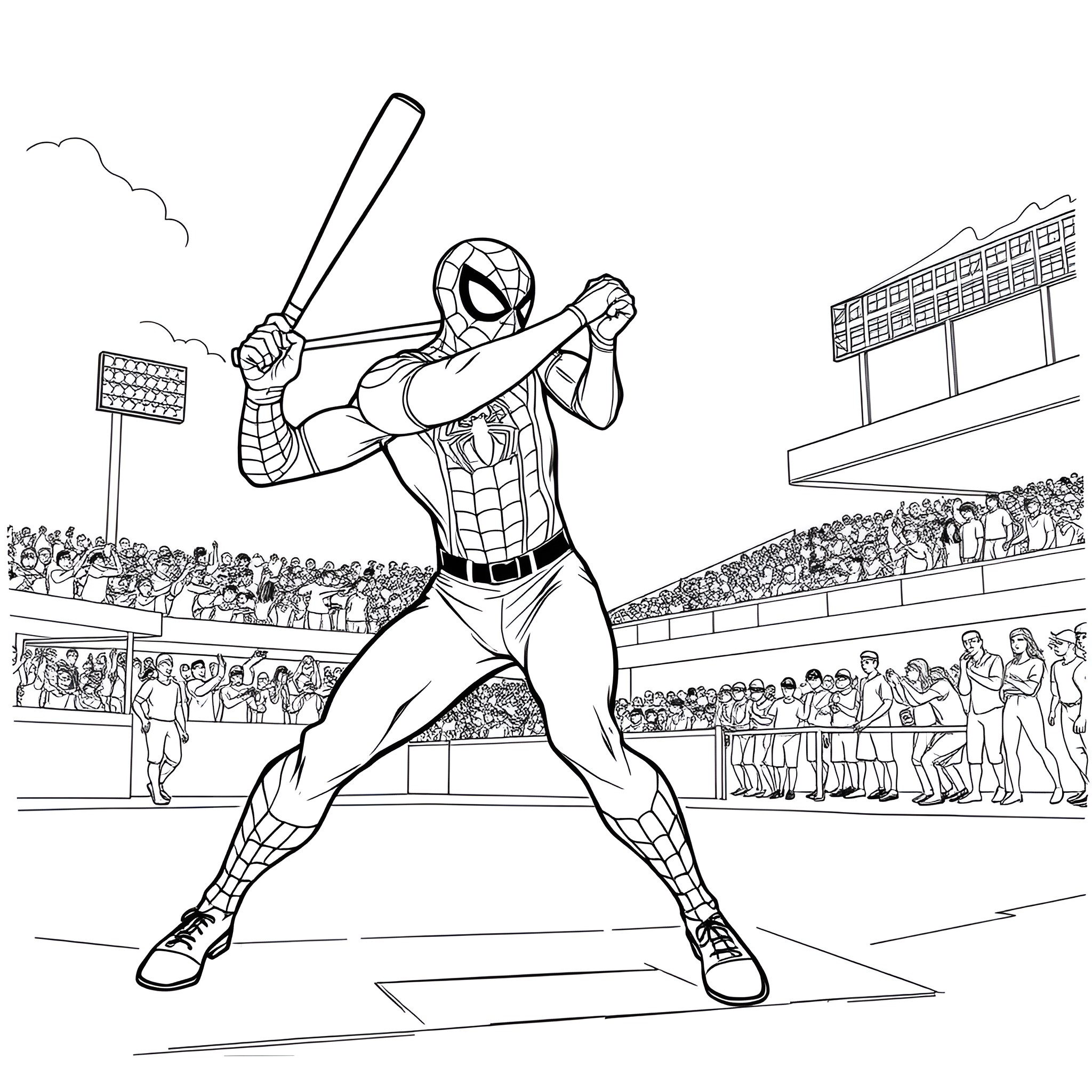 Spiderman batting at the baseball stadium Coloring Page (free black-and-white line drawing printable PDF for all, from beginners to advanced learners, including children, teens, adults, and seniors)