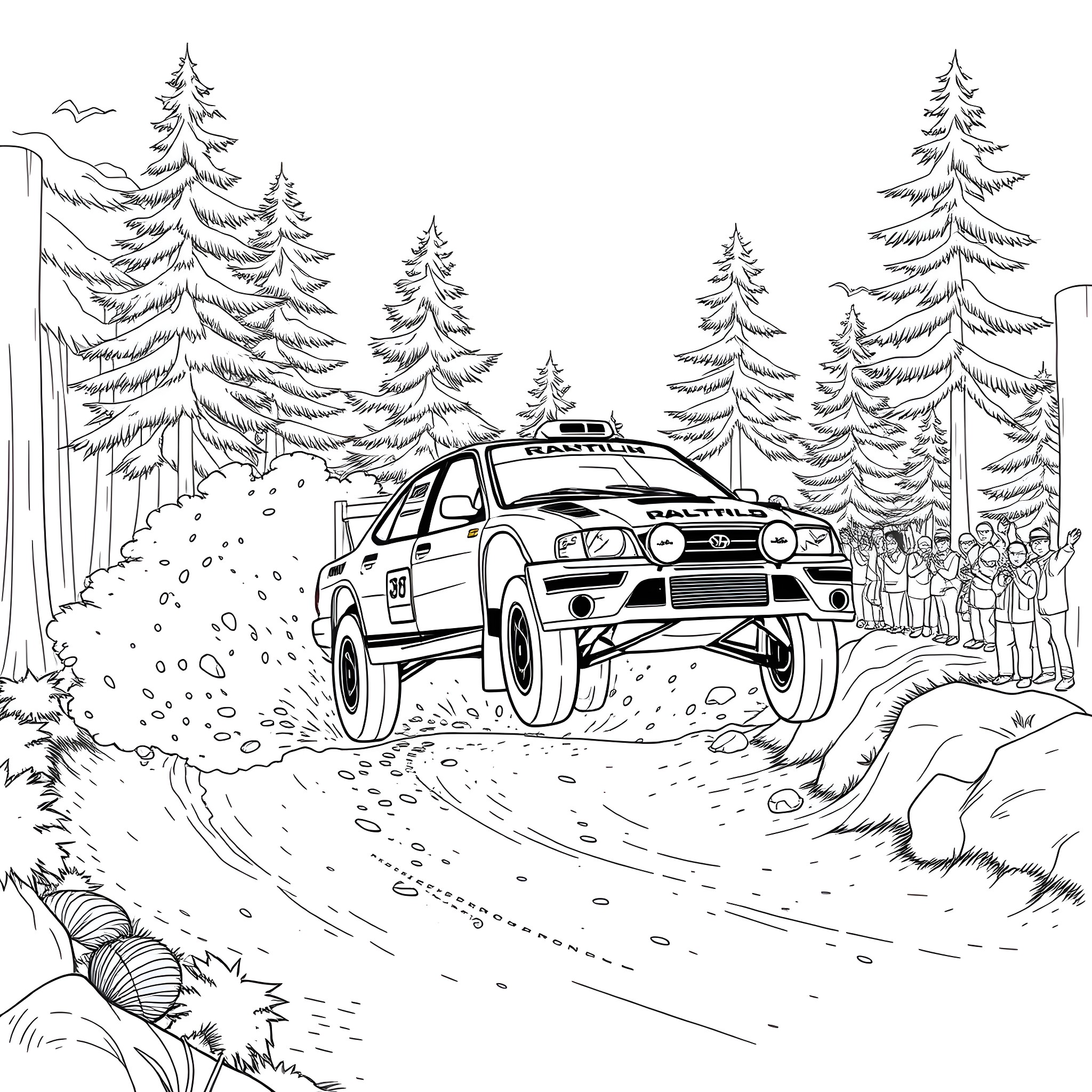 Rally Car Speeding Through Forest Adventure Coloring Page (free black-and-white line drawing printable PDF for all, from beginners to advanced learners, including children, teens, adults, and seniors)