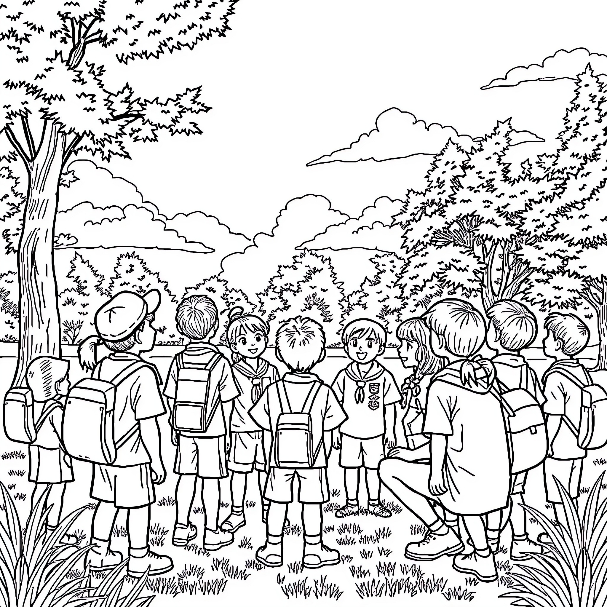 Scout Troop Exploring the Wilderness Coloring Page (free black-and-white line drawing printable PDF for all, from beginners to advanced learners, including children, teens, adults, and seniors)