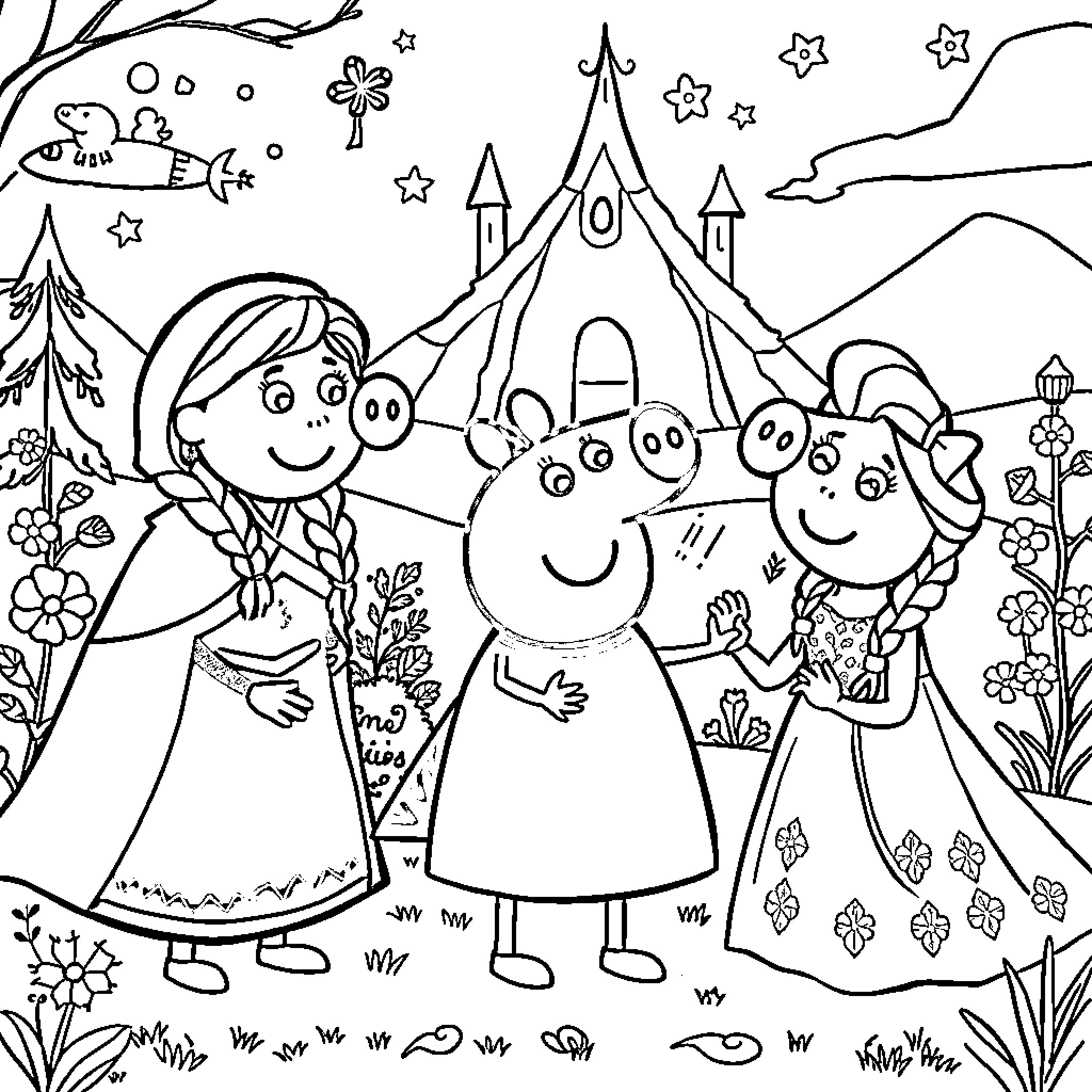Pepa Pig and friends in magical forest adventure Coloring Page (free black-and-white line drawing printable PDF for all, from beginners to advanced learners, including children, teens, adults, and seniors)