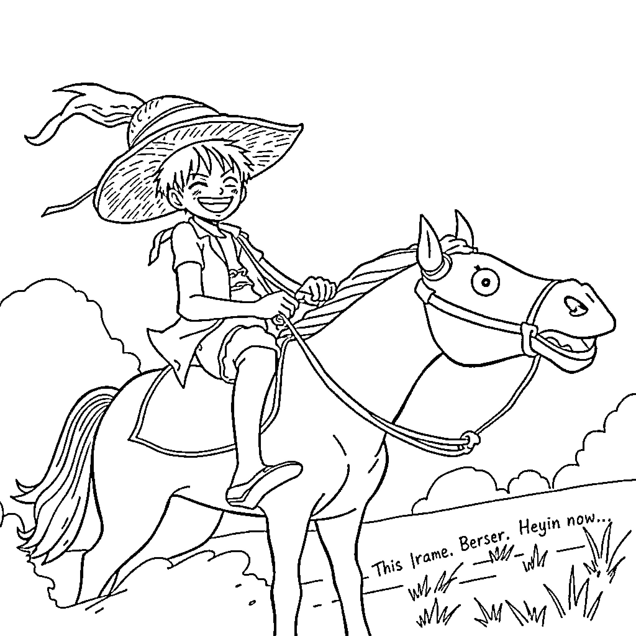 Luffy riding a cheerful horse on an adventure Coloring Page (free black-and-white line drawing printable PDF for all, from beginners to advanced learners, including children, teens, adults, and seniors)