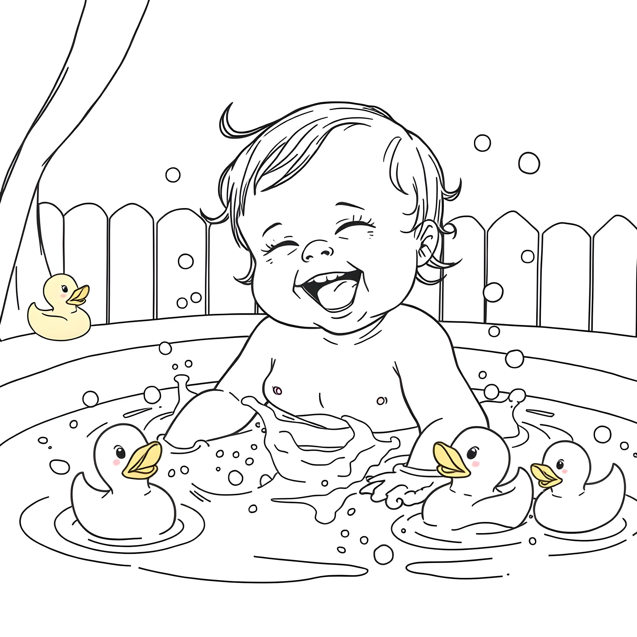 Woman enjoying bath time with ducklings Coloring Page (free black-and-white line drawing printable PDF for all, from beginners to advanced learners, including children, teens, adults, and seniors)