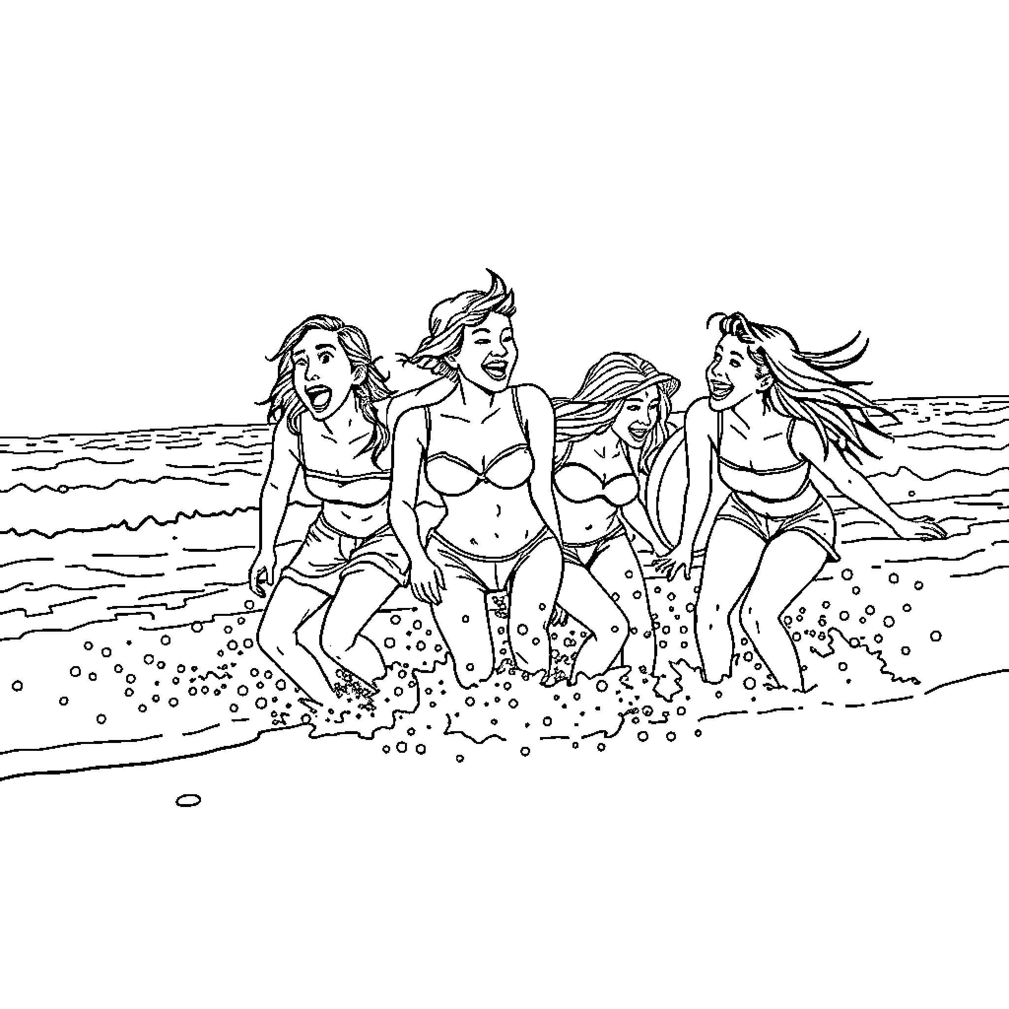 Teen friends splashing and playing in the waves Coloring Page (free black-and-white line drawing printable PDF for all, from beginners to advanced learners, including children, teens, adults, and seniors)