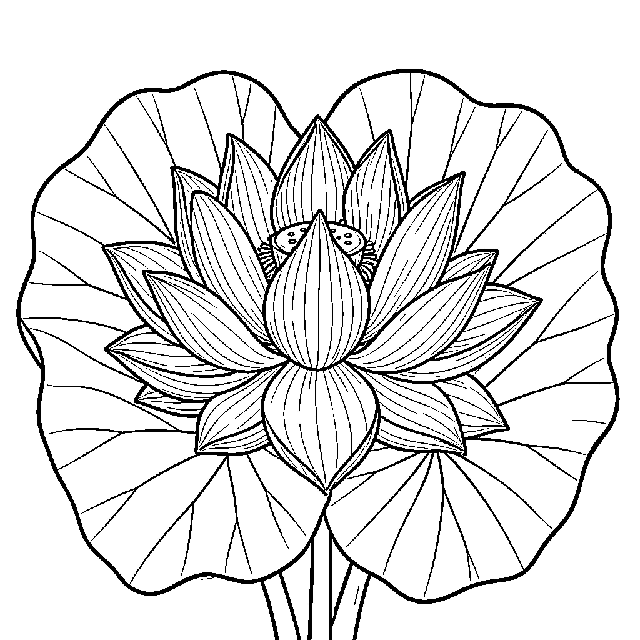 Lotus blooming gracefully amidst large lily pads Coloring Page (free black-and-white line drawing printable PDF for all, from beginners to advanced learners, including children, teens, adults, and seniors)