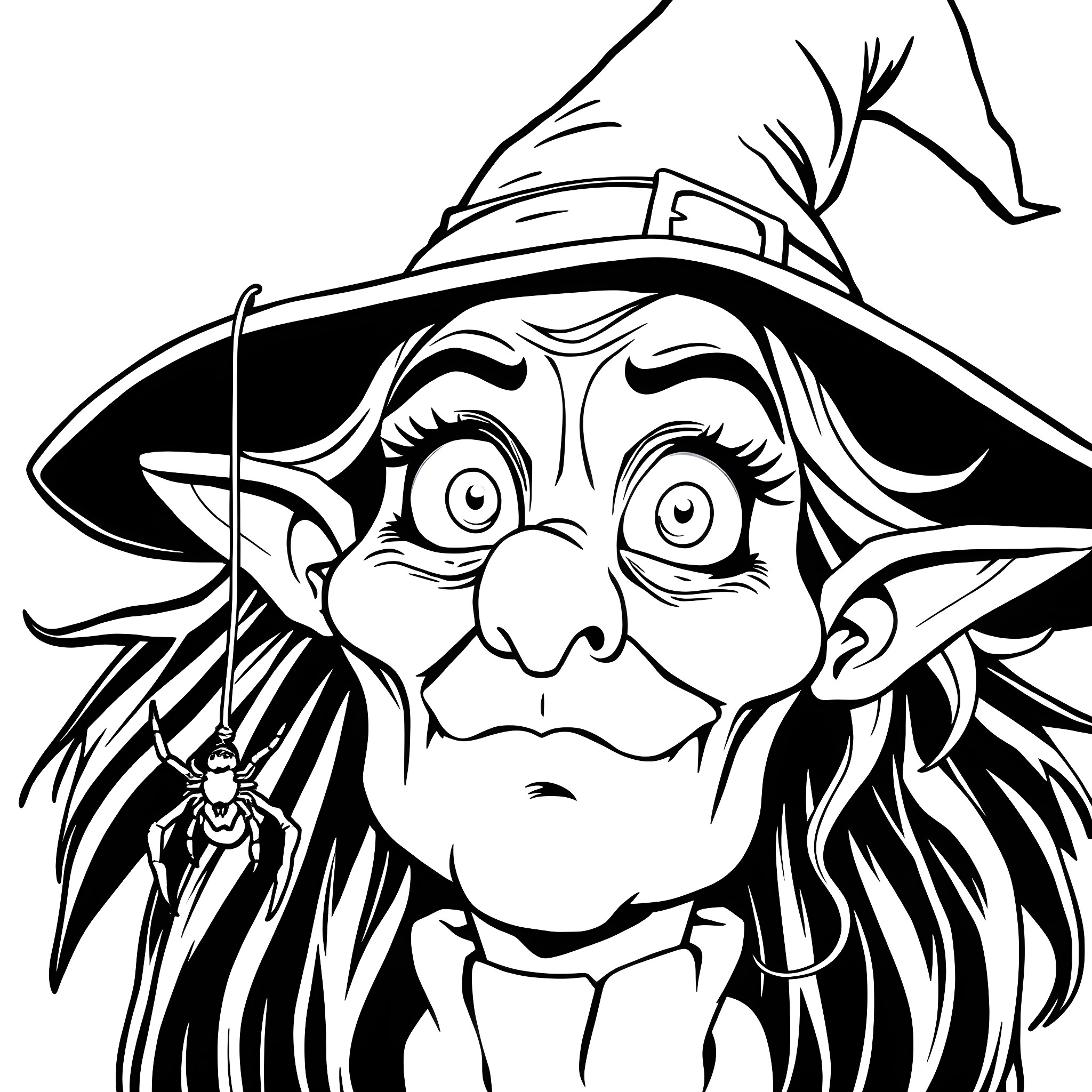 Spider Witch with Creepy Crawly Companion Coloring Page (free black-and-white line drawing printable PDF for all, from beginners to advanced learners, including children, teens, adults, and seniors)
