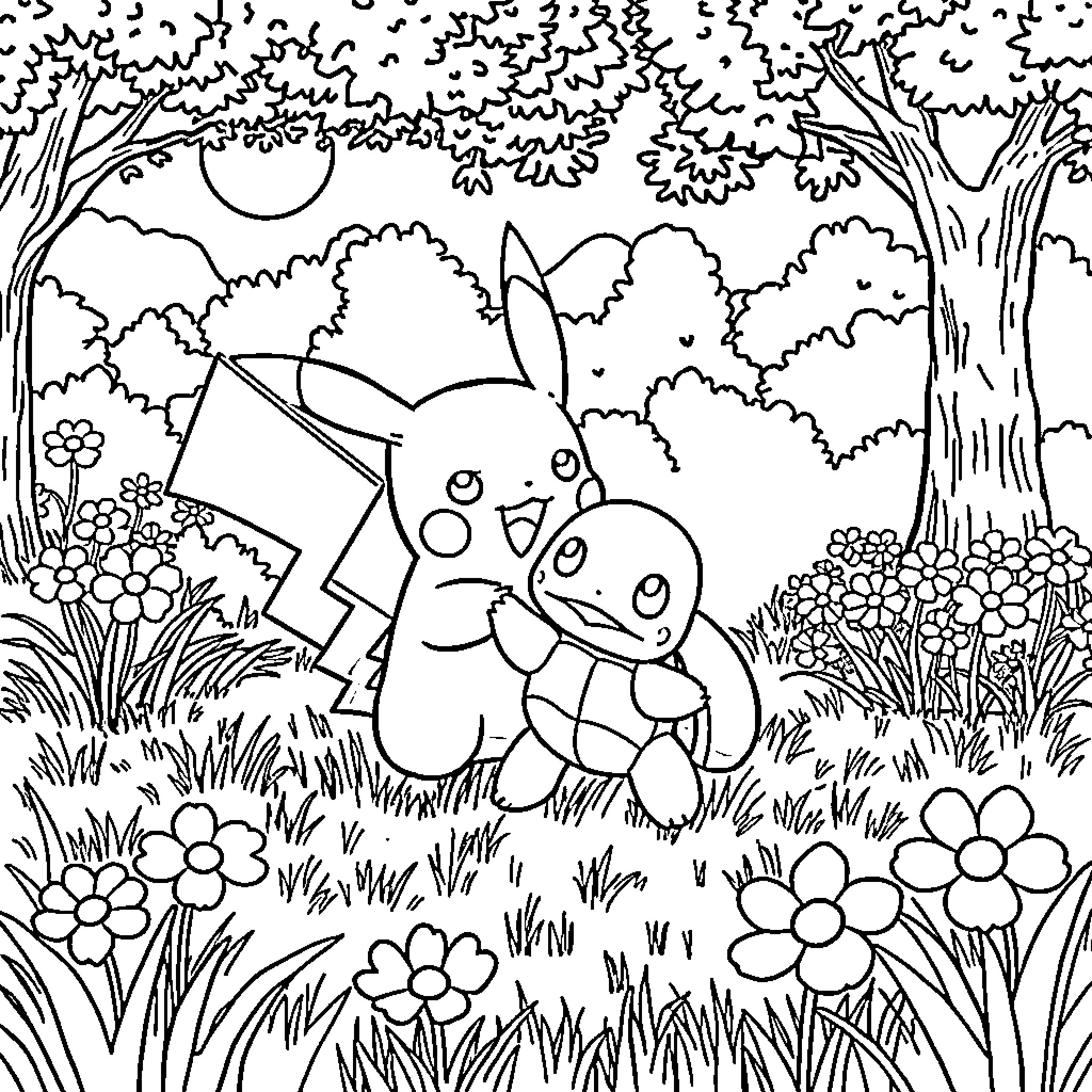 Pikachu playing happily in the enchanted forest Coloring Page (free black-and-white line drawing printable PDF for all, from beginners to advanced learners, including children, teens, adults, and seniors)