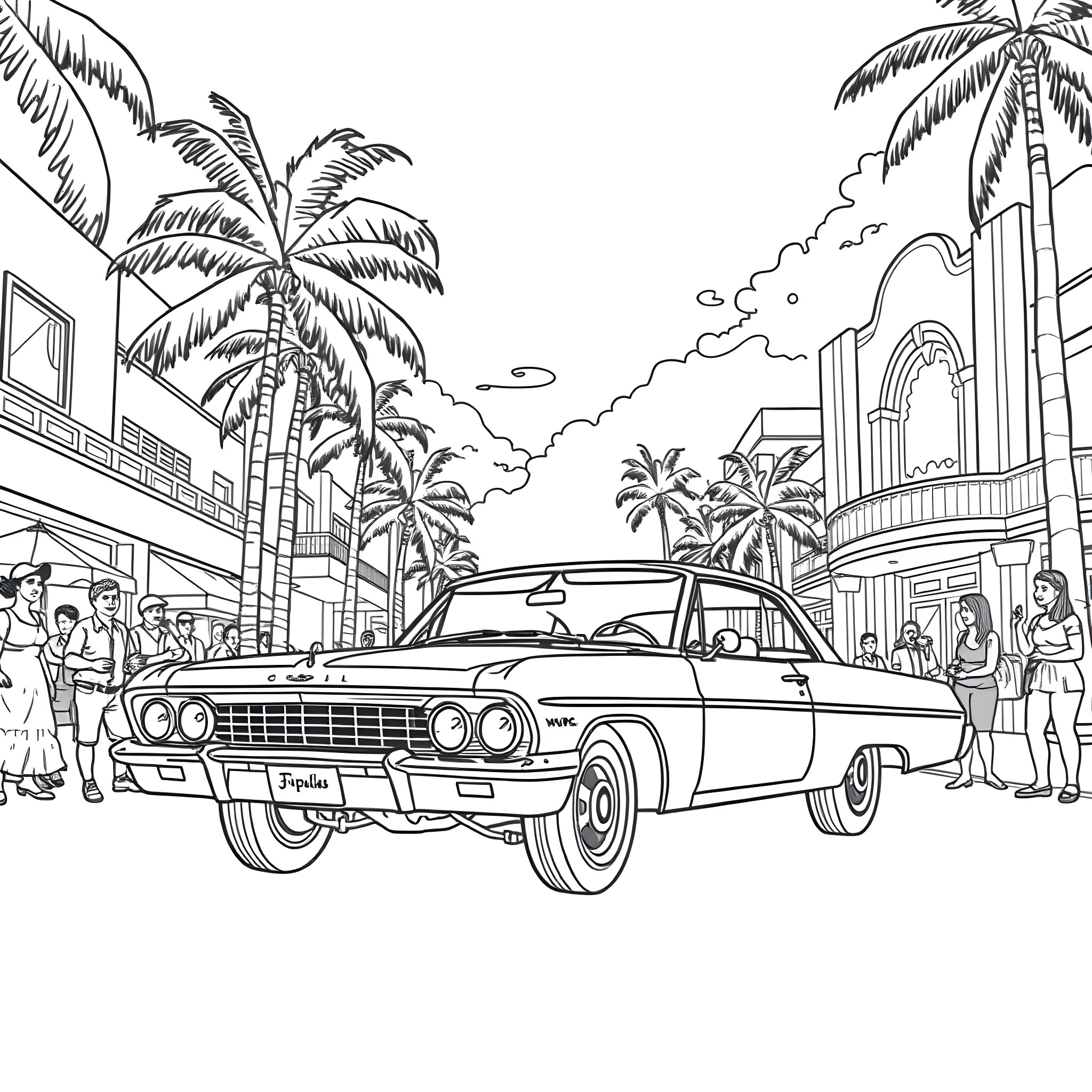 Impala cruising through a vibrant tropical city Coloring Page (free black-and-white line drawing printable PDF for all, from beginners to advanced learners, including children, teens, adults, and seniors)