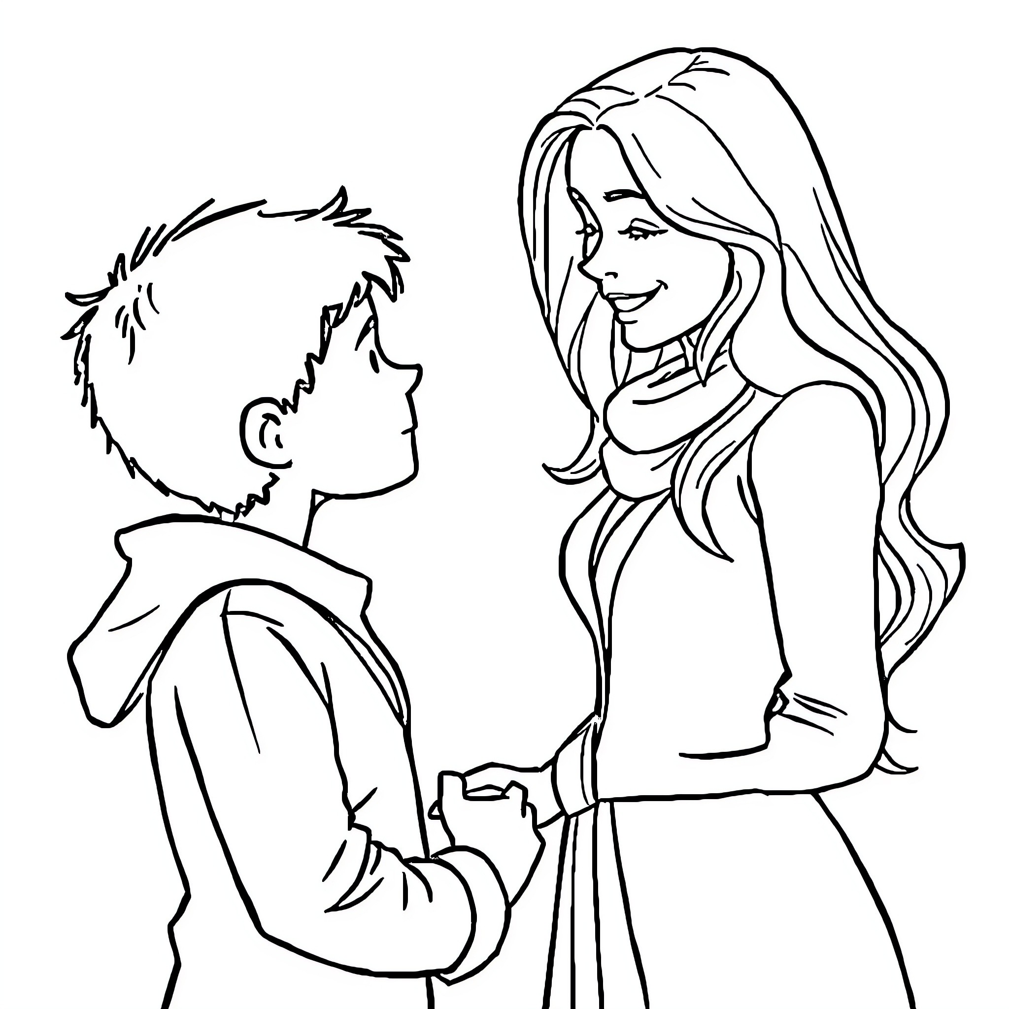 Man and woman in casual conversation Coloring Page (free black-and-white line drawing printable PDF for all, from beginners to advanced learners, including children, teens, adults, and seniors)