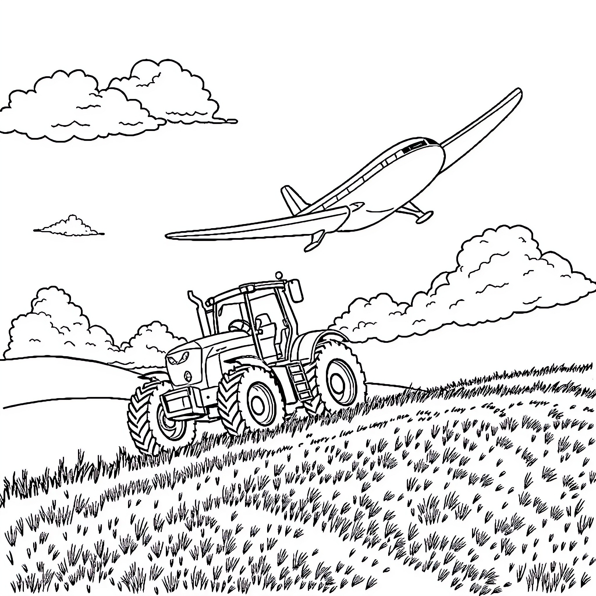 Tractor plowing field under cloudy sky Coloring Page (free black-and-white line drawing printable PDF for all, from beginners to advanced learners, including children, teens, adults, and seniors)