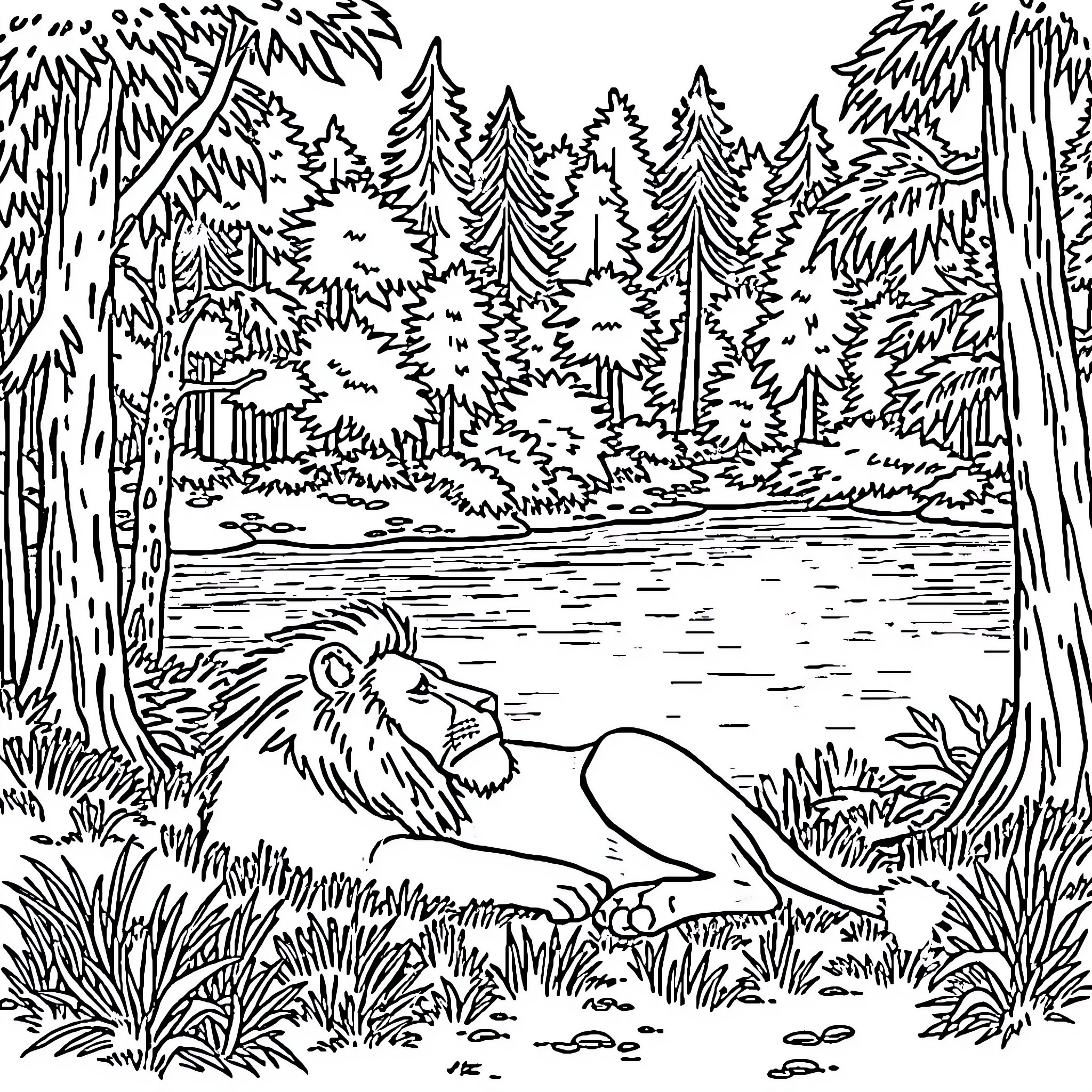 Lion resting in tranquil forest landscape Coloring Page (free black-and-white line drawing printable PDF for all, from beginners to advanced learners, including children, teens, adults, and seniors)