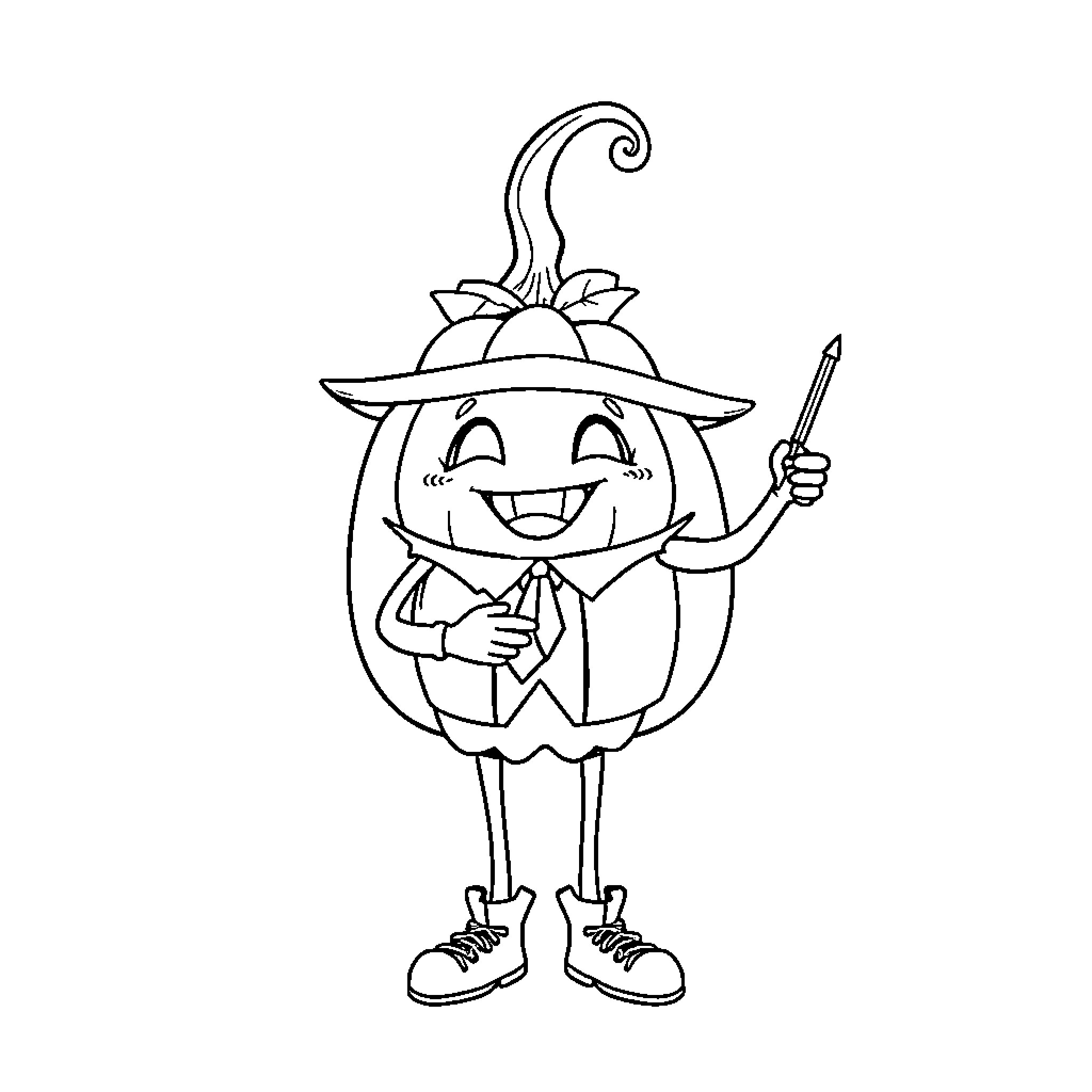 Pumpkin character with witch hat and wand Coloring Page (free black-and-white line drawing printable PDF for all, from beginners to advanced learners, including children, teens, adults, and seniors)
