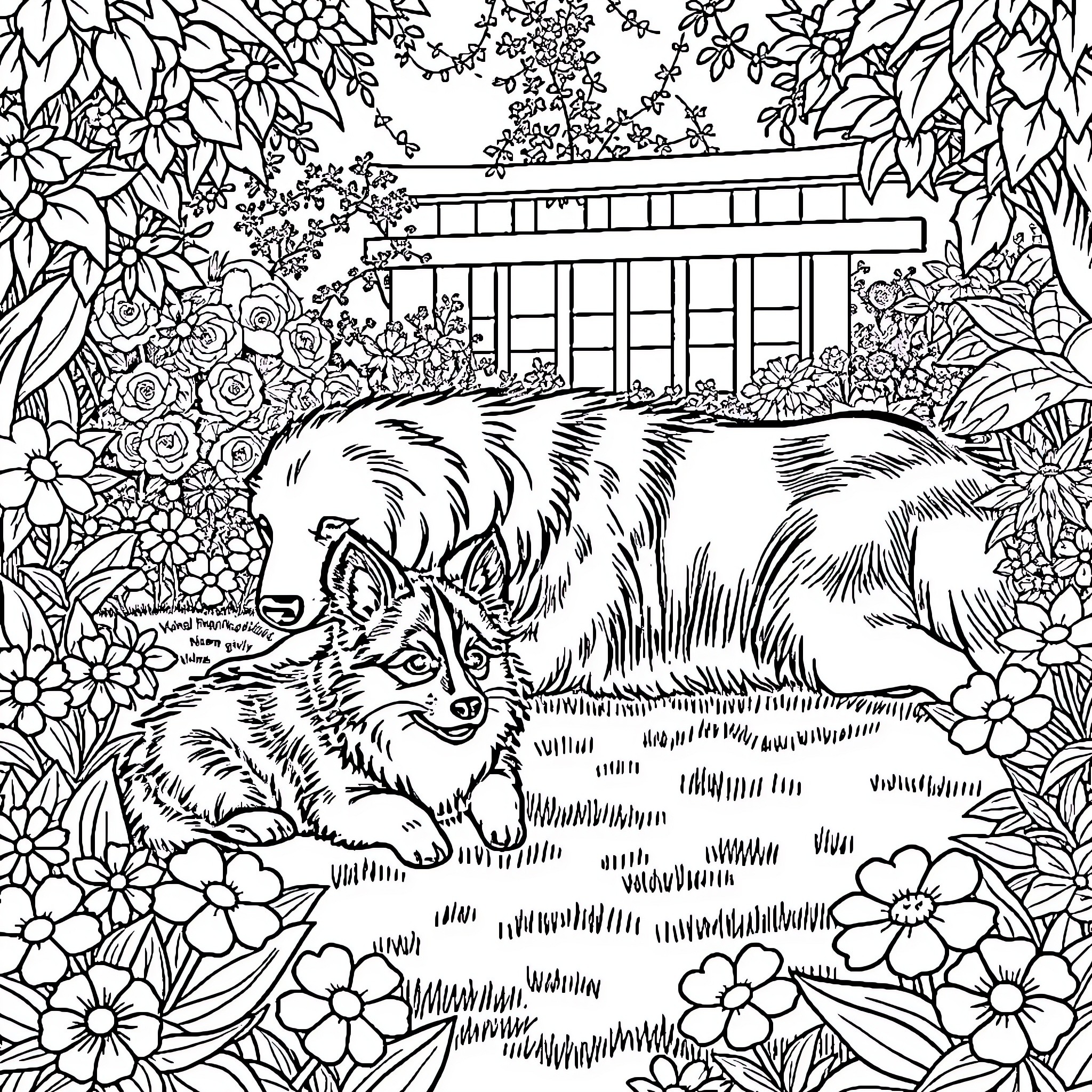 Sheltie companions surrounded by nature Coloring Page (free black-and-white line drawing printable PDF for all, from beginners to advanced learners, including children, teens, adults, and seniors)