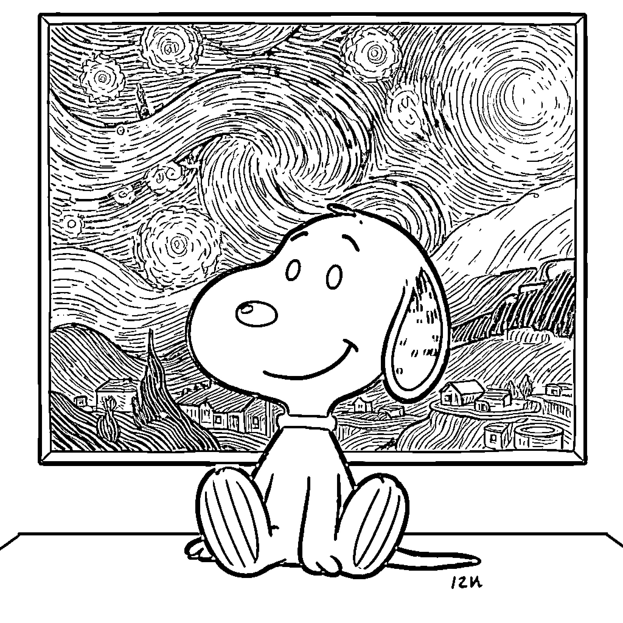 Snoopy gazing at the starry night sky Coloring Page (free black-and-white line drawing printable PDF for all, from beginners to advanced learners, including children, teens, adults, and seniors)