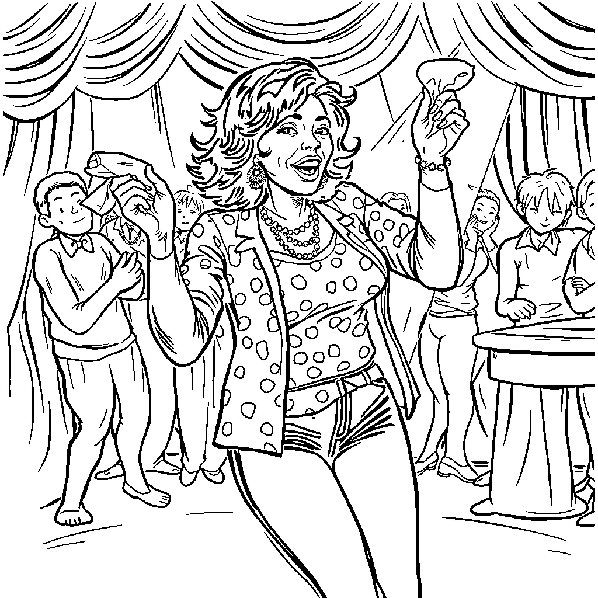 Debbie Smith performing on stage with audience Coloring Page (free black-and-white line drawing printable PDF for all, from beginners to advanced learners, including children, teens, adults, and seniors)