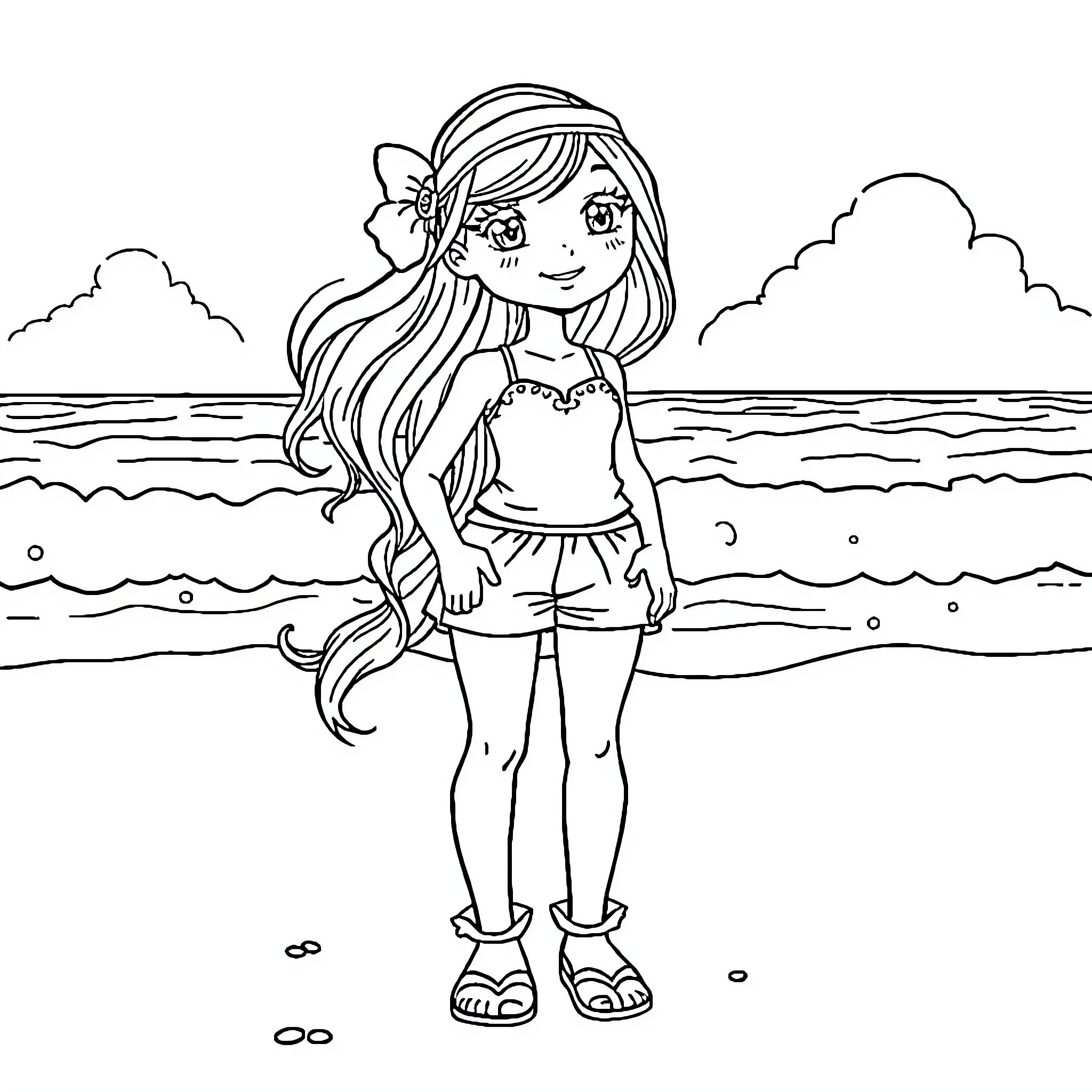American Girl Enjoying a Summer Day at the Beach Coloring Page (free black-and-white line drawing printable PDF for all, from beginners to advanced learners, including children, teens, adults, and seniors)