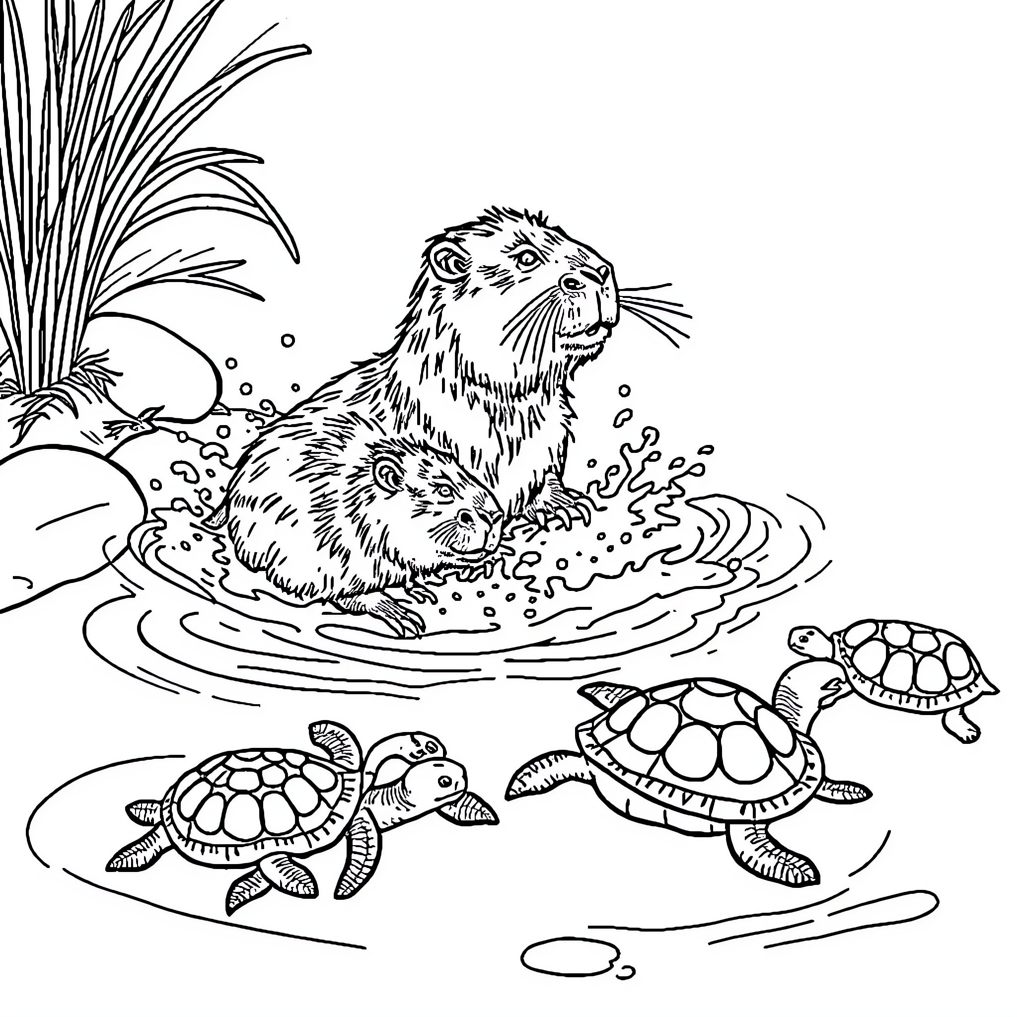 Capybara enjoying a relaxing swim with baby turtles Coloring Page (free black-and-white line drawing printable PDF for all, from beginners to advanced learners, including children, teens, adults, and seniors)