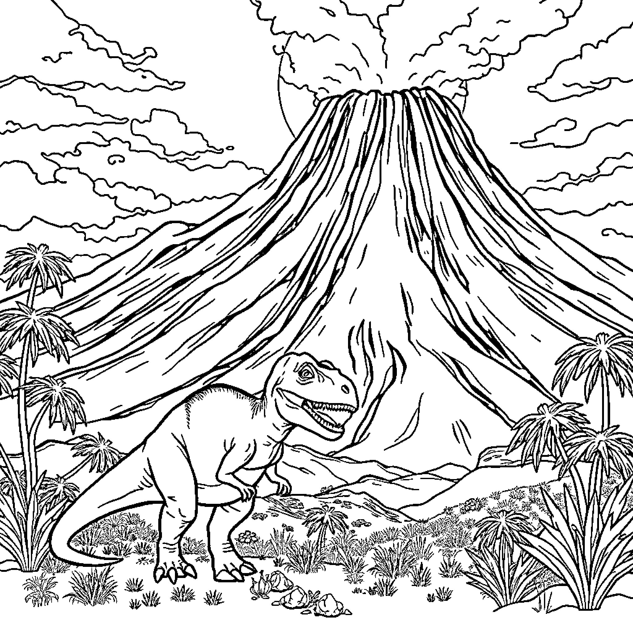 Velociraptor exploring the prehistoric volcanic landscape Coloring Page (free black-and-white line drawing printable PDF for all, from beginners to advanced learners, including children, teens, adults, and seniors)