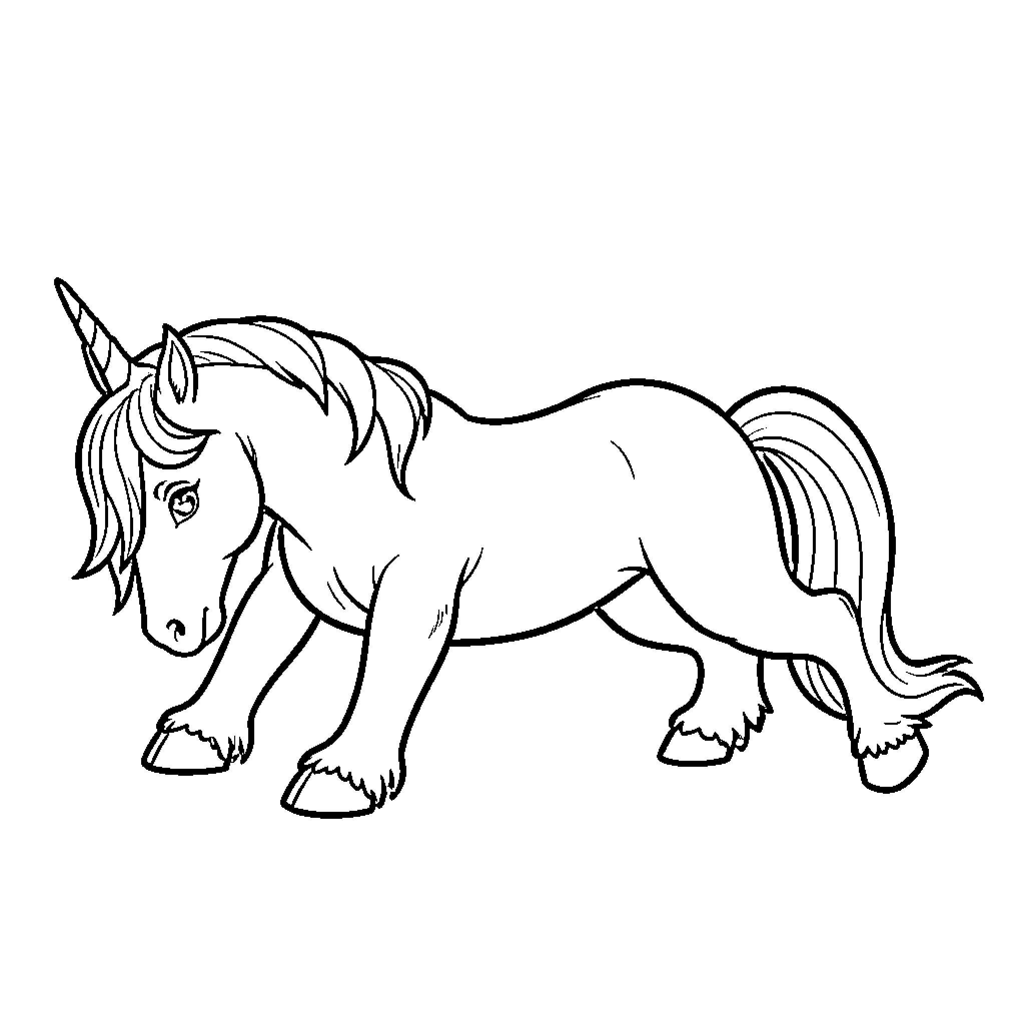 Unicorn walking gracefully across a plain landscape Coloring Page (free black-and-white line drawing printable PDF for all, from beginners to advanced learners, including children, teens, adults, and seniors)