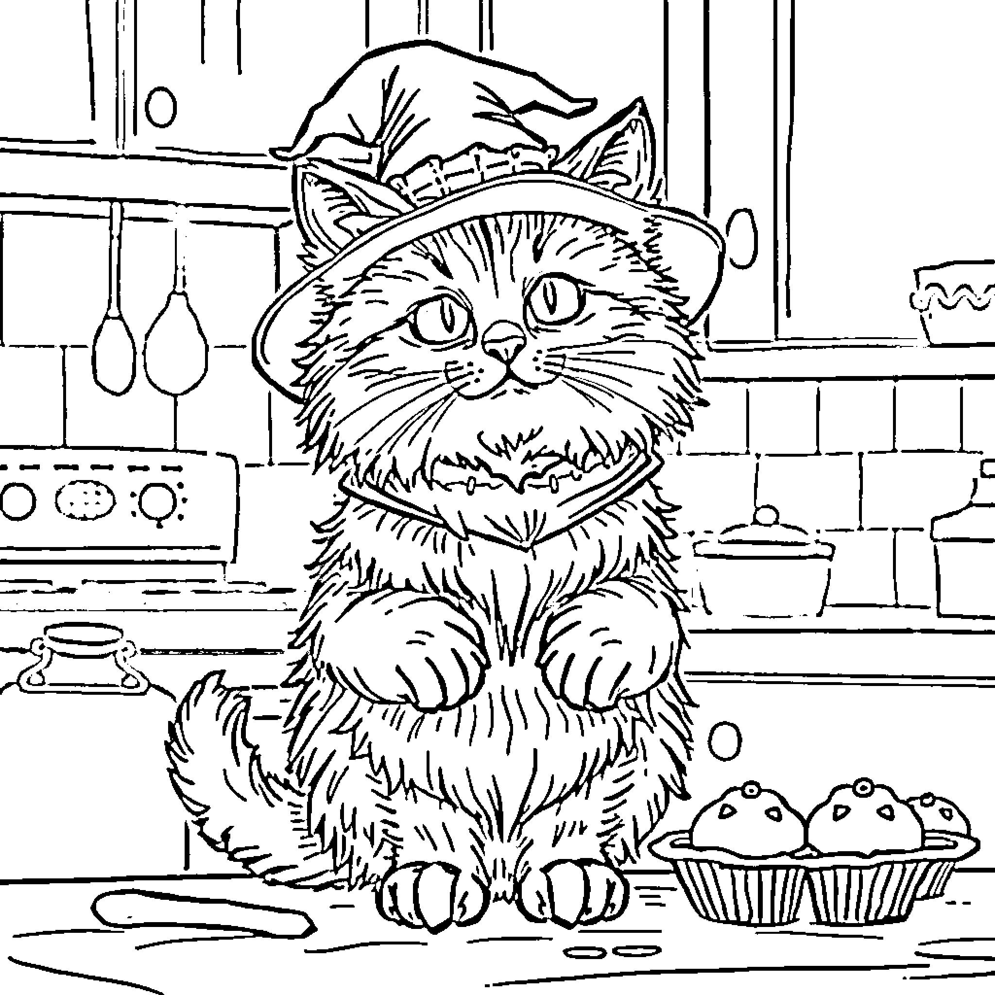 Cat chef in the kitchen Coloring Page (free black-and-white line drawing printable PDF for all, from beginners to advanced learners, including children, teens, adults, and seniors)