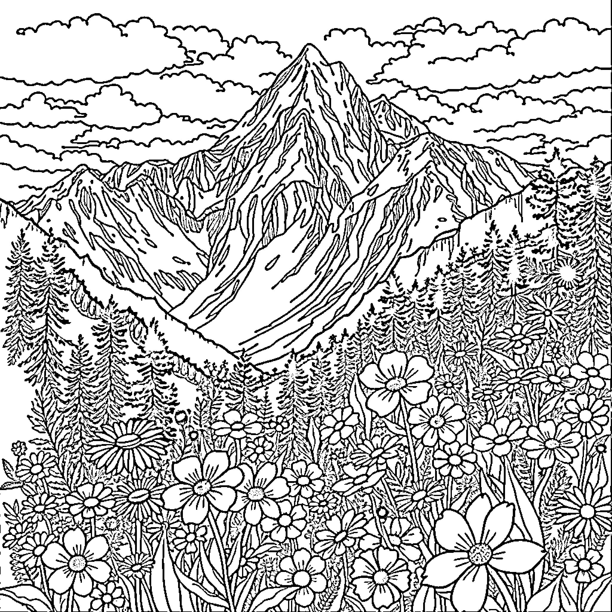 Mountain landscape with flowers and dense forests Coloring Page (free black-and-white line drawing printable PDF for all, from beginners to advanced learners, including children, teens, adults, and seniors)