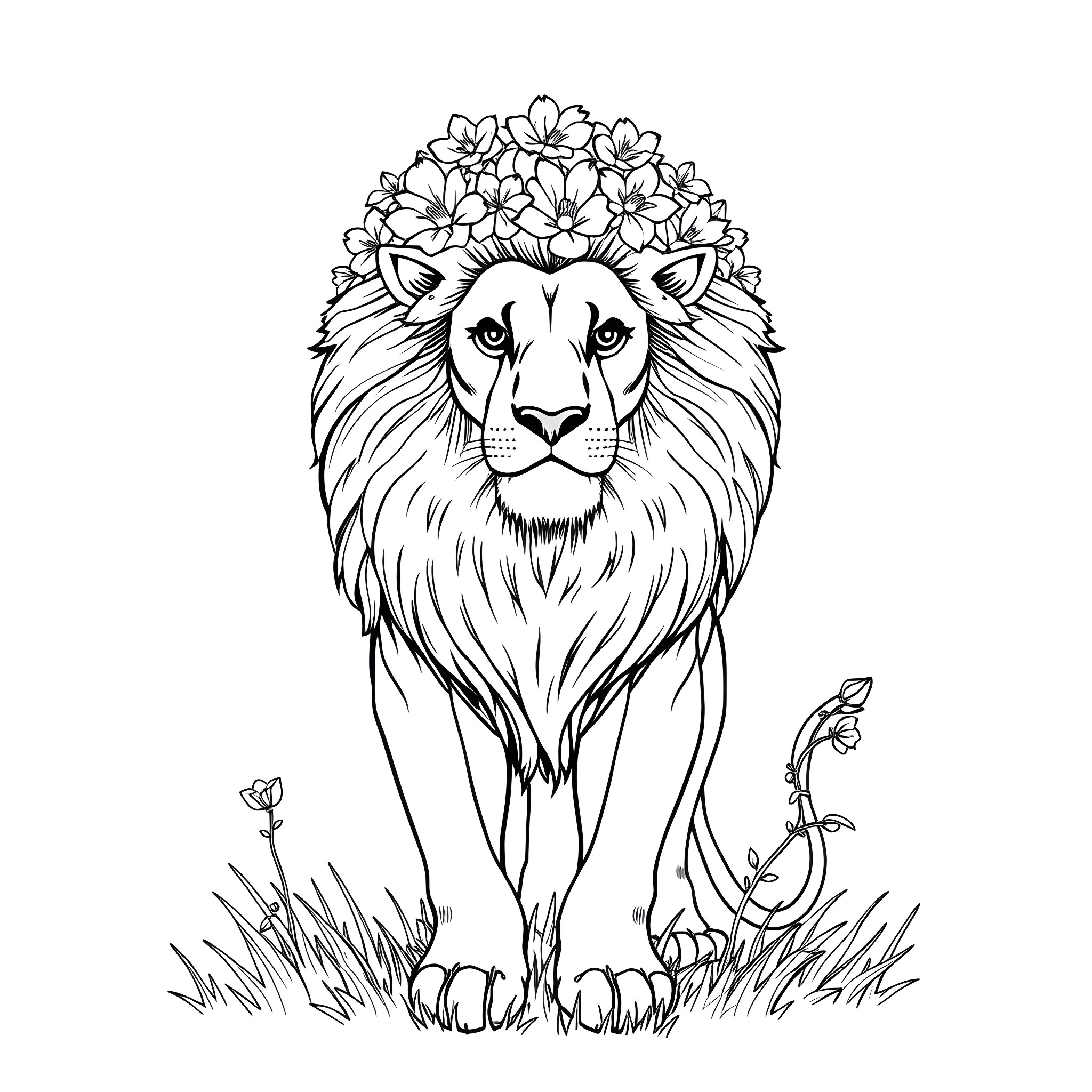 Lion with floral crown in nature Coloring Page (free black-and-white line drawing printable PDF for all, from beginners to advanced learners, including children, teens, adults, and seniors)