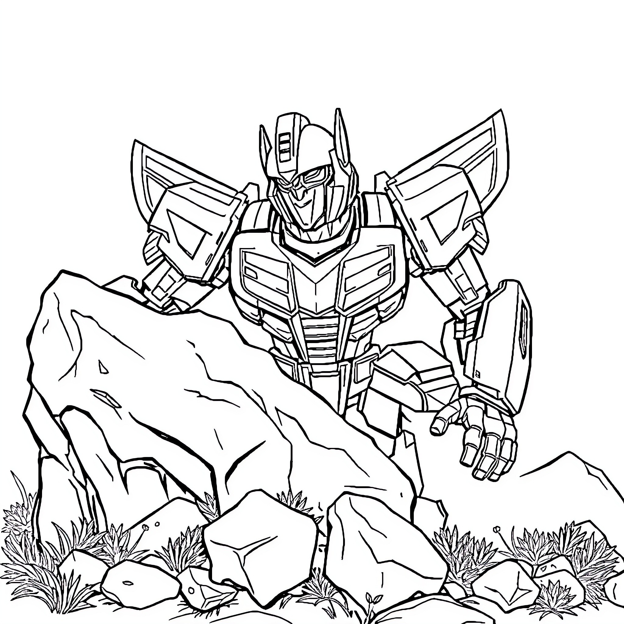 Transformer robot posing heroically in nature Coloring Page (free black-and-white line drawing printable PDF for all, from beginners to advanced learners, including children, teens, adults, and seniors)