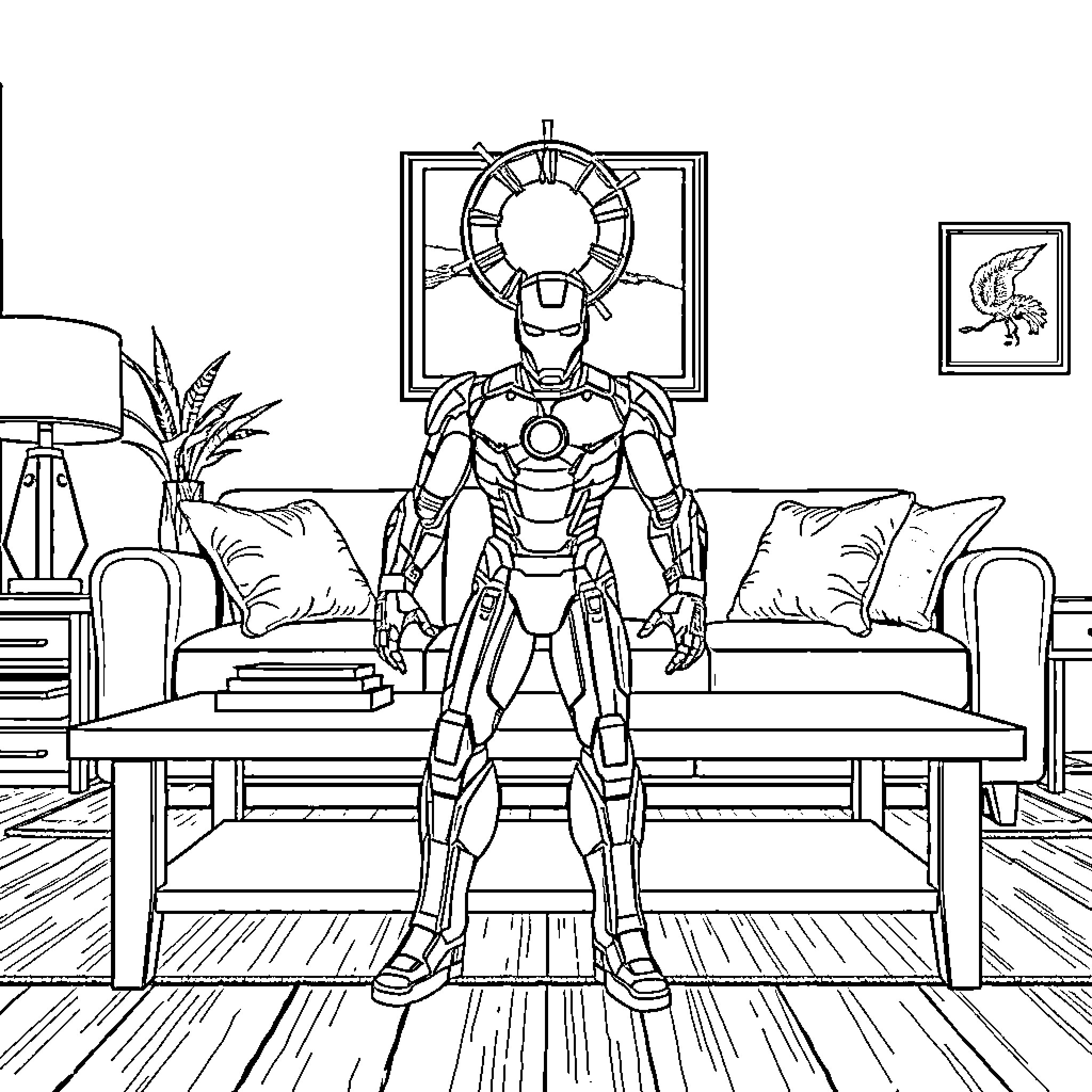 Ironman in heroic pose in a modern living room Coloring Page (free black-and-white line drawing printable PDF for all, from beginners to advanced learners, including children, teens, adults, and seniors)