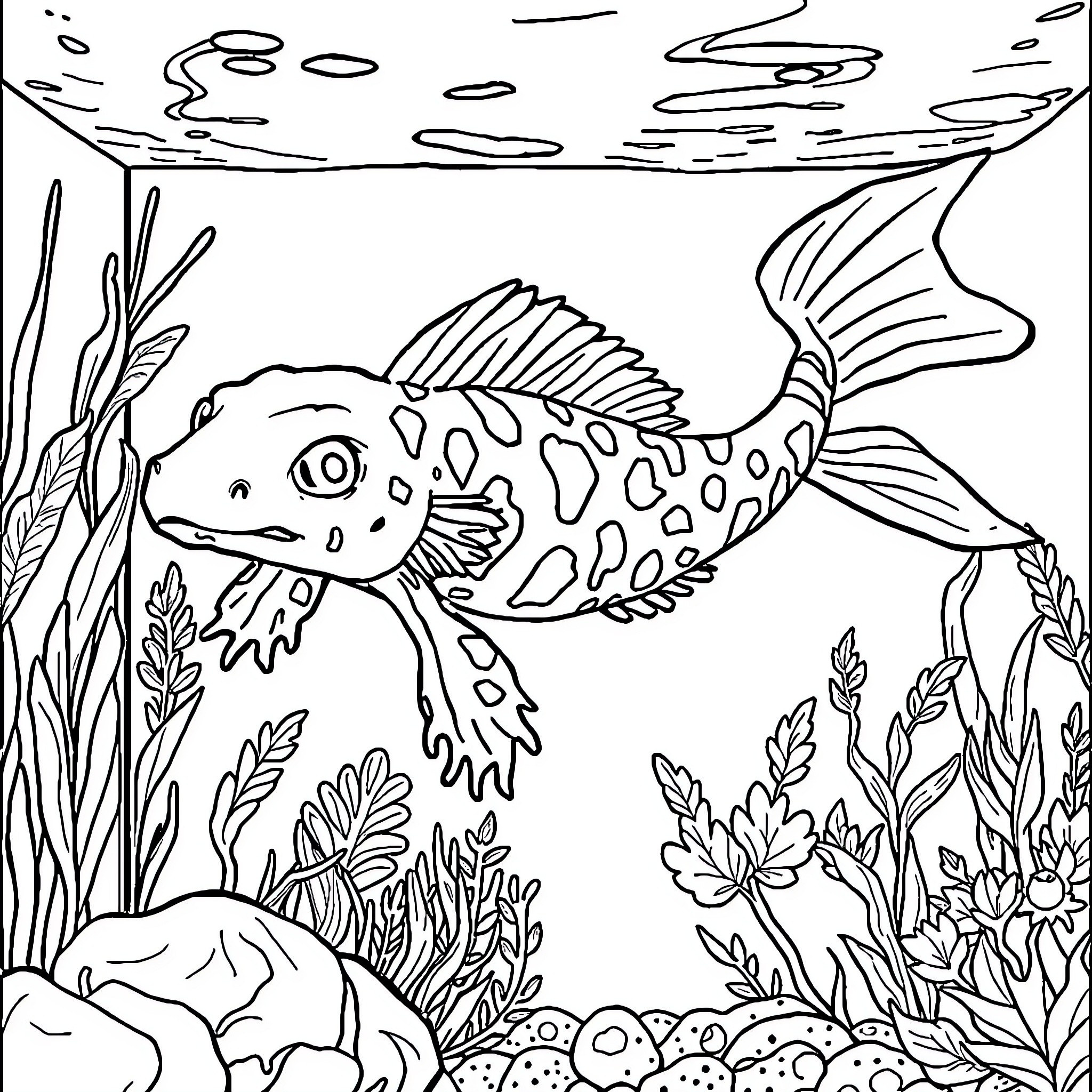 Axolotl swimming among underwater plants Coloring Page (free black-and-white line drawing printable PDF for all, from beginners to advanced learners, including children, teens, adults, and seniors)