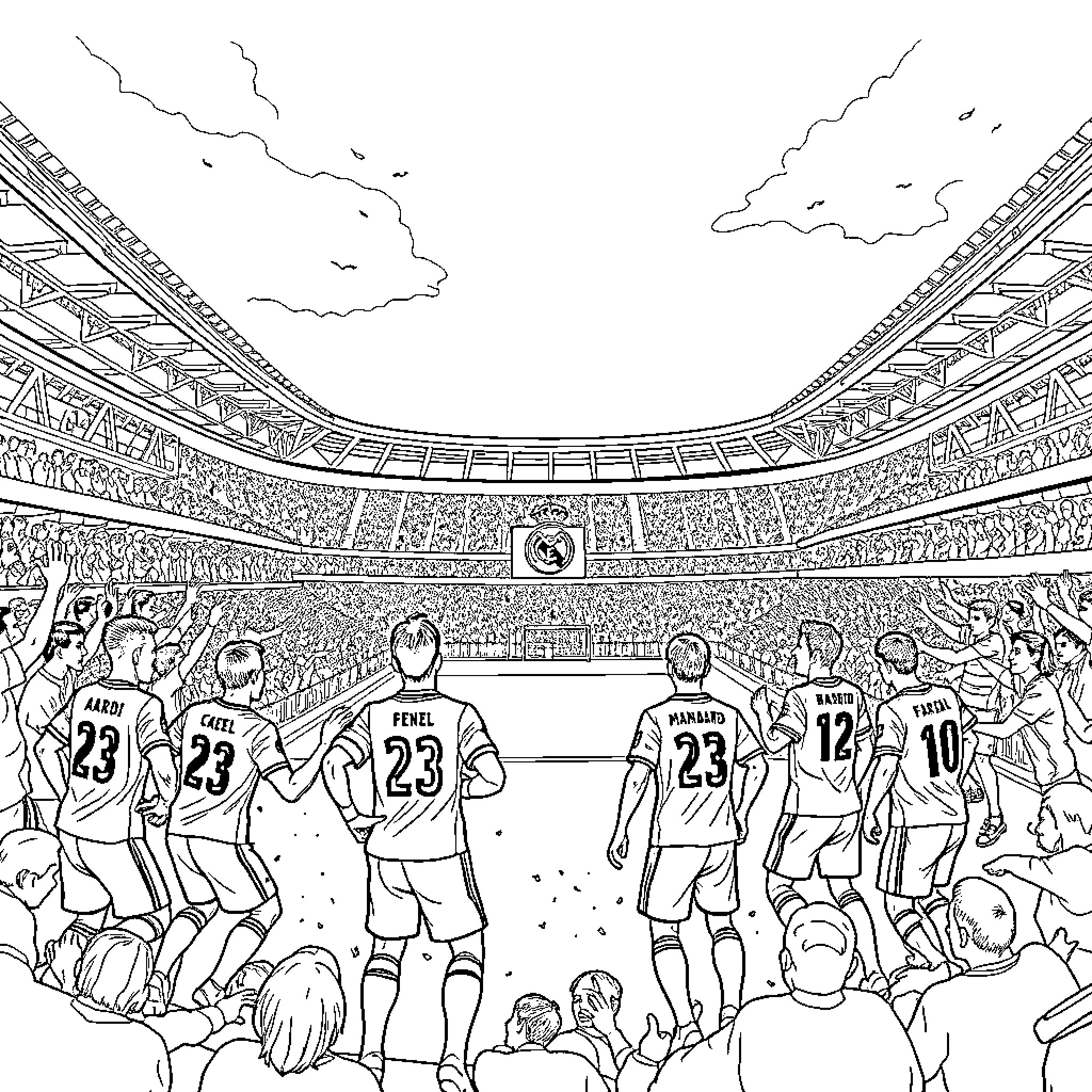 Real Madrid Players in Celebration Mode at Stadium Coloring Page (free black-and-white line drawing printable PDF for all, from beginners to advanced learners, including children, teens, adults, and seniors)