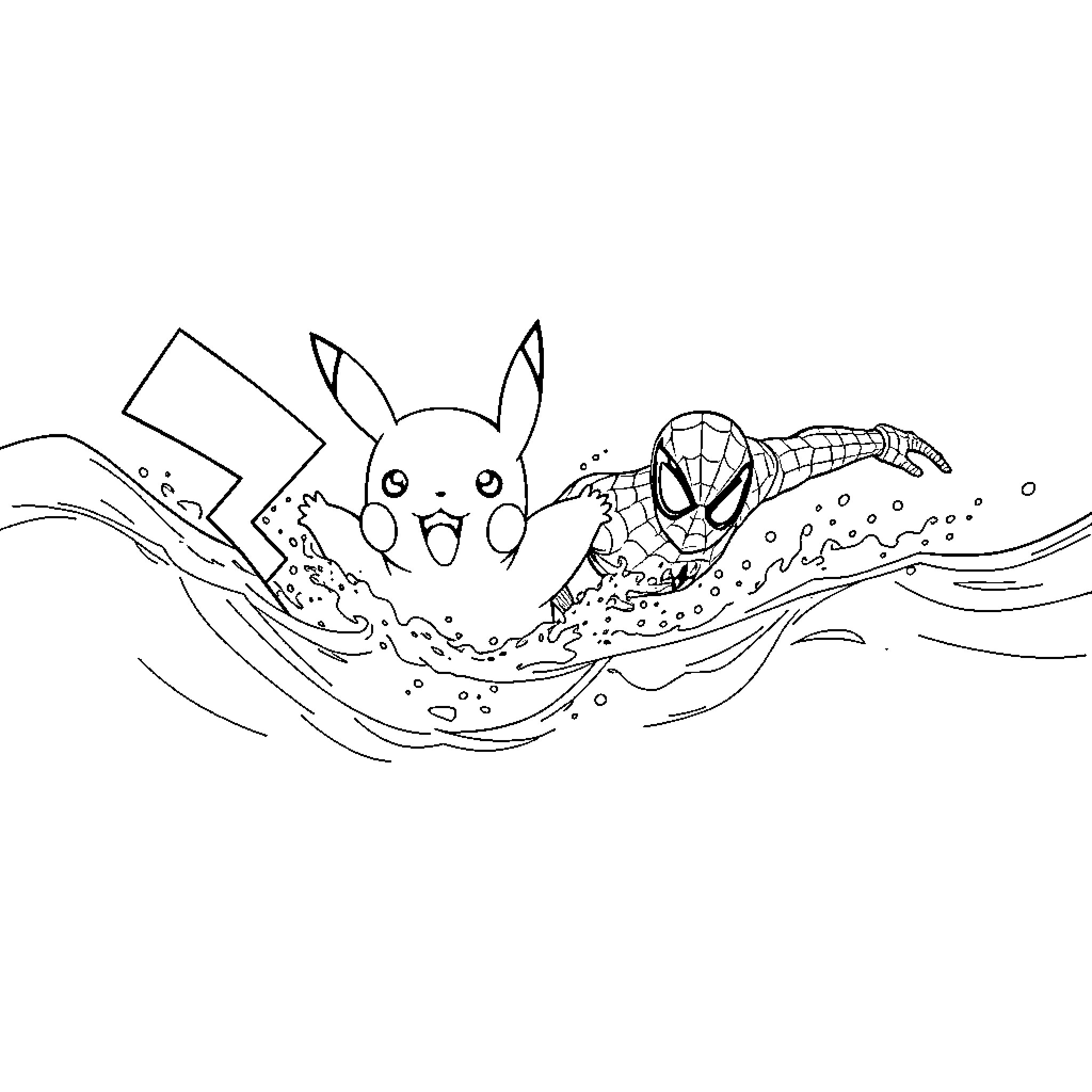 Pikachu swimming with Spiderman in the ocean Coloring Page (free black-and-white line drawing printable PDF for all, from beginners to advanced learners, including children, teens, adults, and seniors)