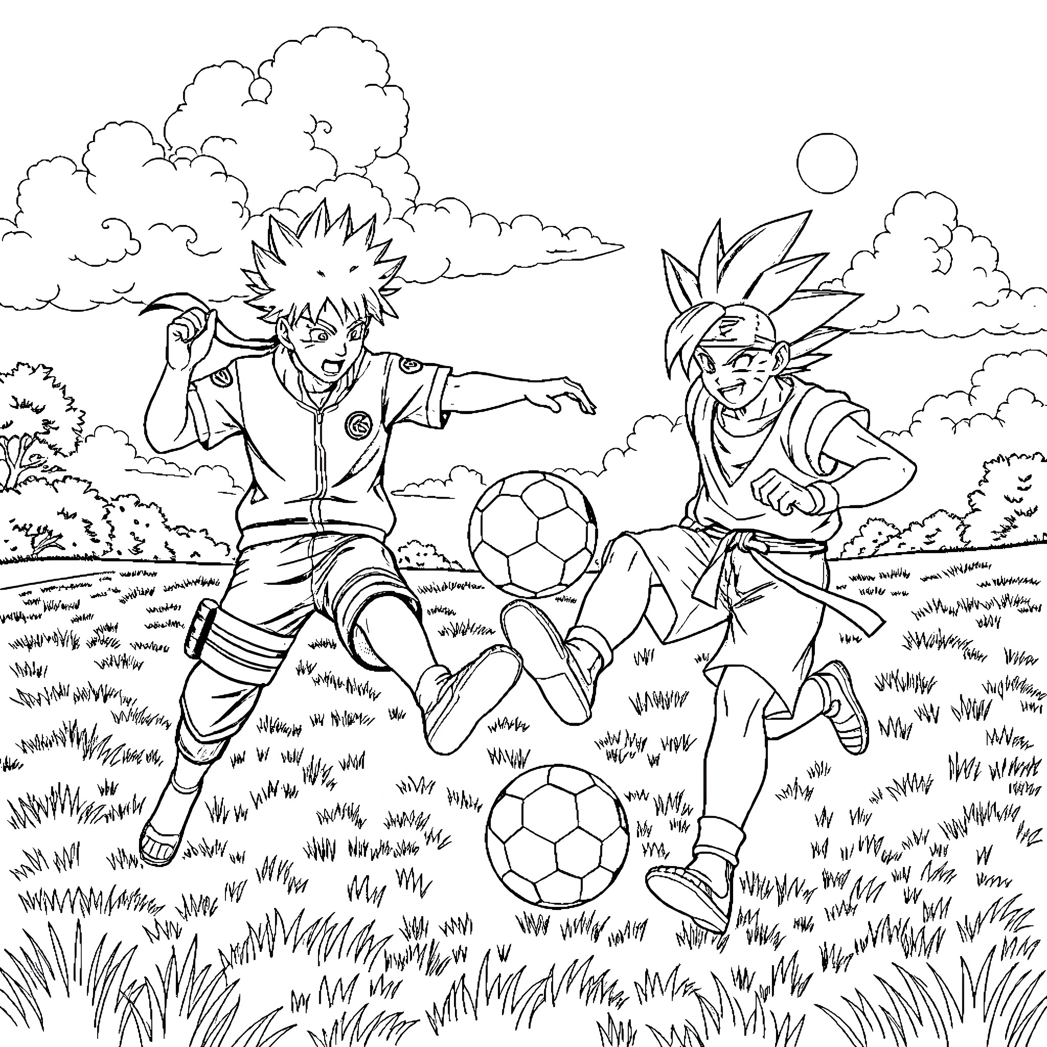 Naruto characters playing soccer in a field Coloring Page (free black-and-white line drawing printable PDF for all, from beginners to advanced learners, including children, teens, adults, and seniors)