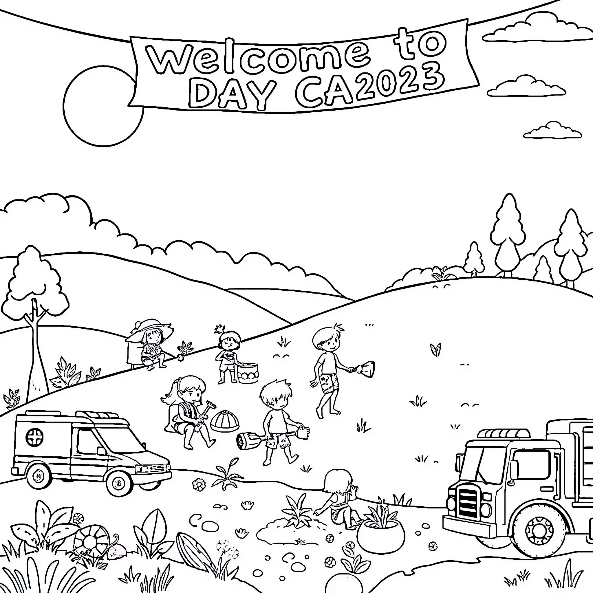 Camp welcome celebration for Day CA2023 Coloring Page (free black-and-white line drawing printable PDF for all, from beginners to advanced learners, including children, teens, adults, and seniors)