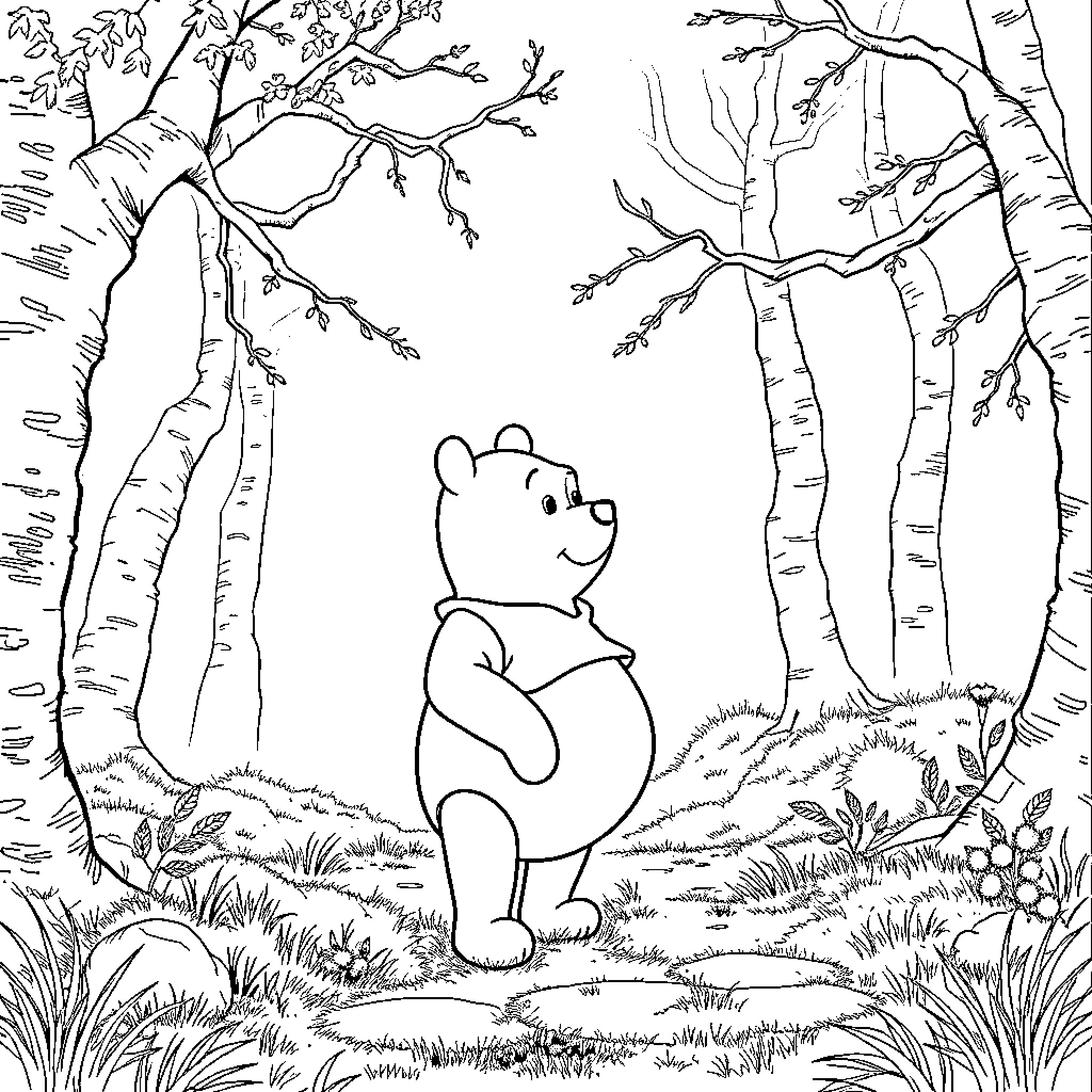 Winnie The Pooh exploring the whimsical forest Coloring Page (free black-and-white line drawing printable PDF for all, from beginners to advanced learners, including children, teens, adults, and seniors)