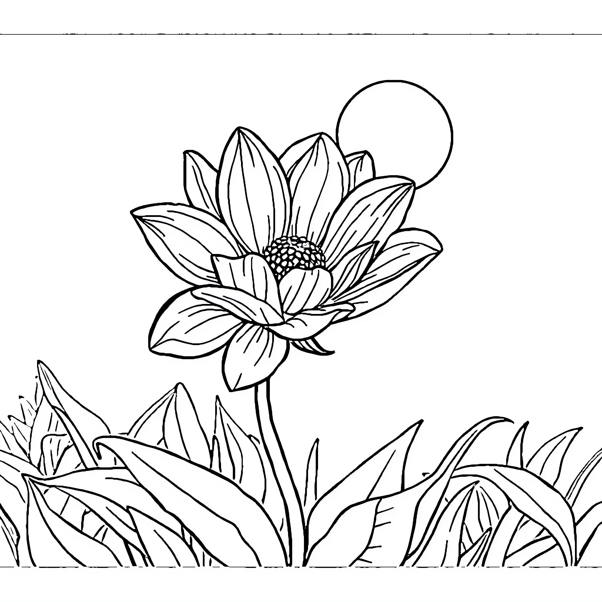 Flower blooming brightly in the garden Coloring Page (free black-and-white line drawing printable PDF for all, from beginners to advanced learners, including children, teens, adults, and seniors)