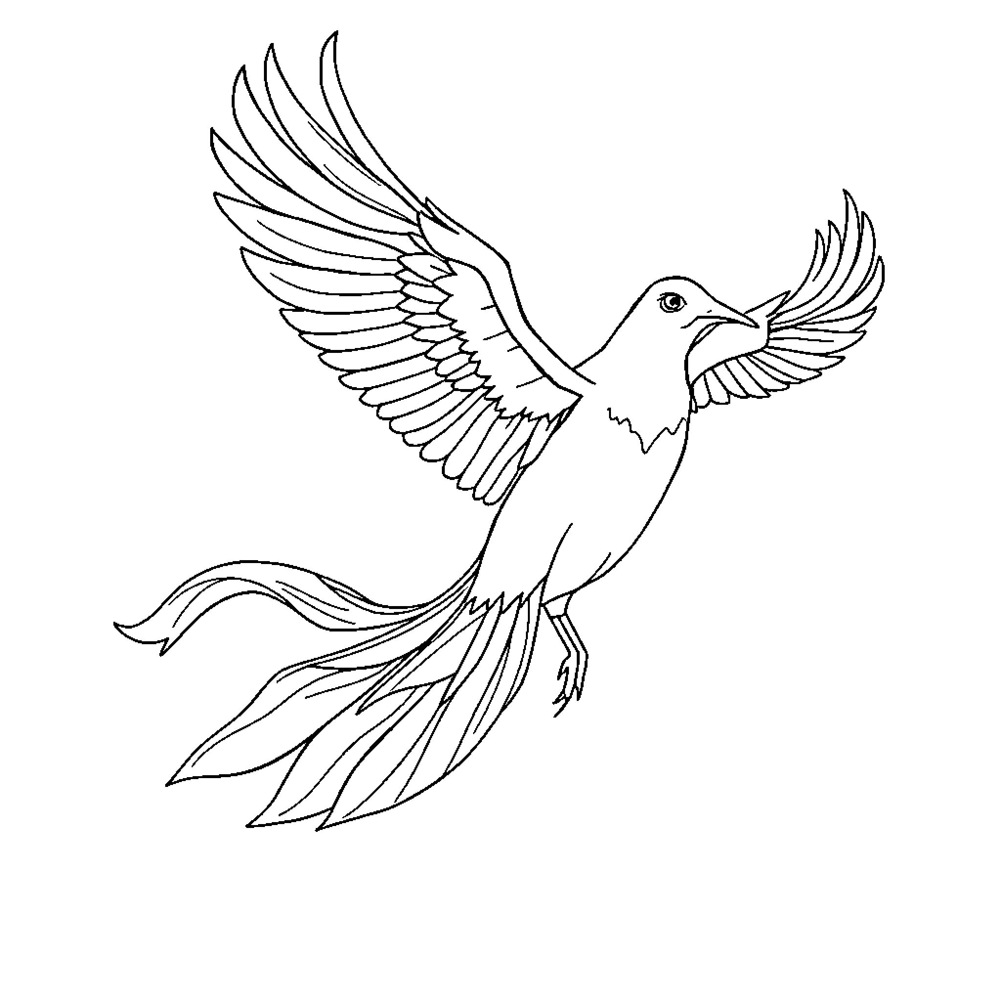 Phoenix soaring with outstretched wings Coloring Page (free black-and-white line drawing printable PDF for all, from beginners to advanced learners, including children, teens, adults, and seniors)