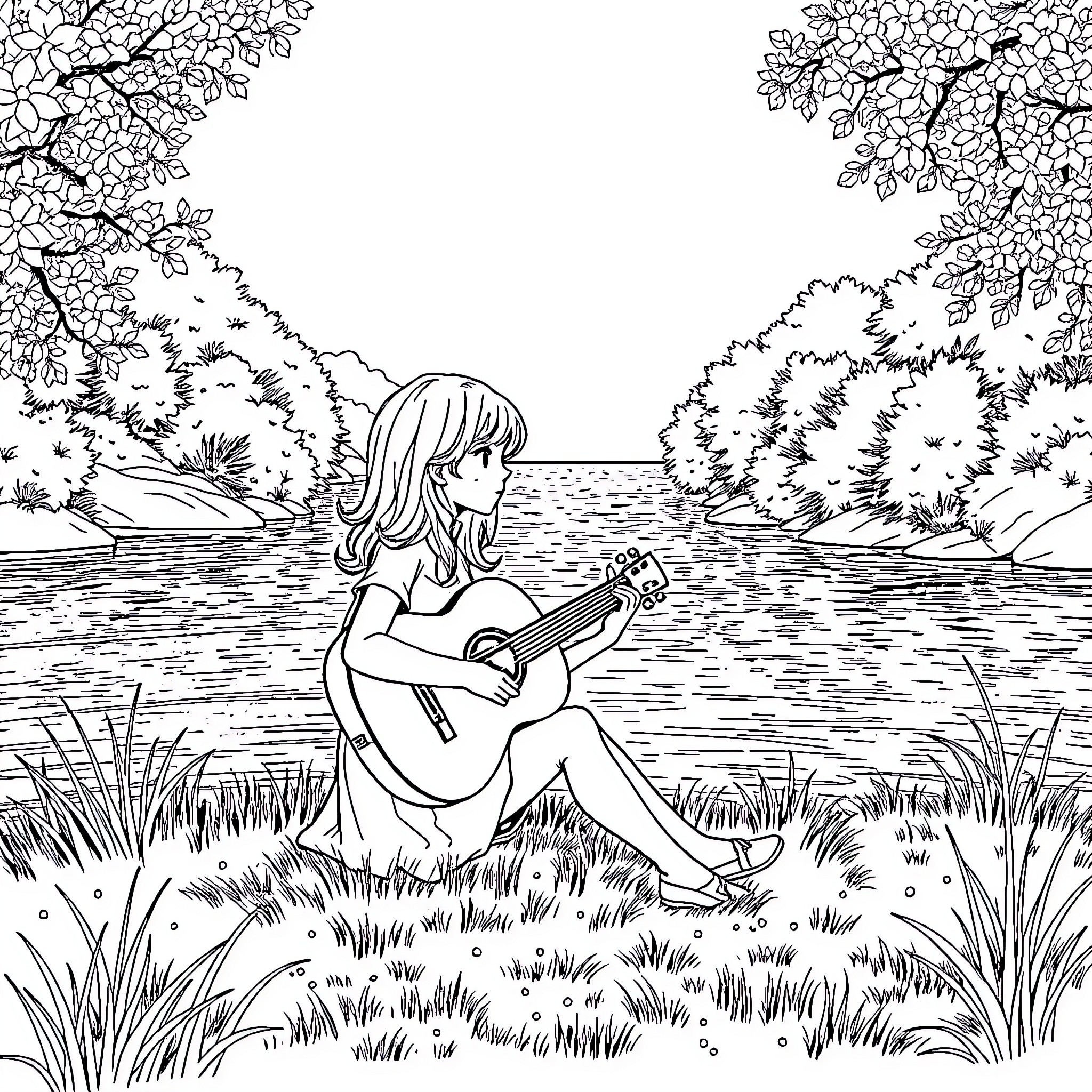 Girl playing guitar by the lakeside Coloring Page (free black-and-white line drawing printable PDF for all, from beginners to advanced learners, including children, teens, adults, and seniors)