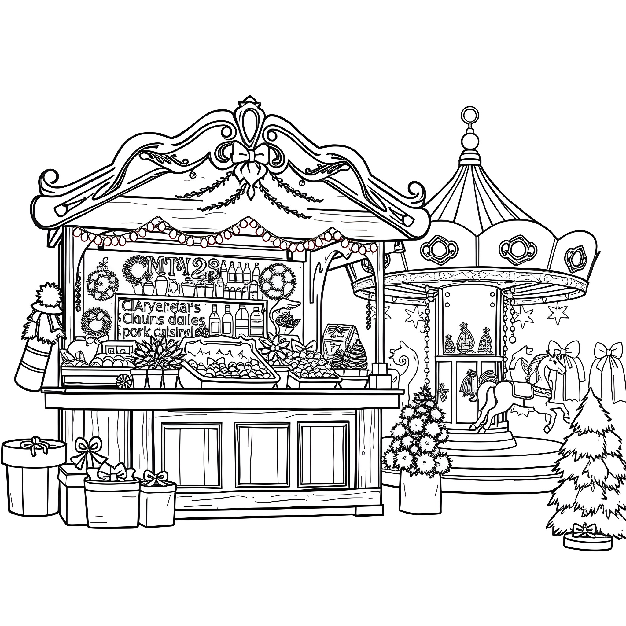 Christmas Market with Festive Stalls and Decorations Coloring Page (free black-and-white line drawing printable PDF for all, from beginners to advanced learners, including children, teens, adults, and seniors)