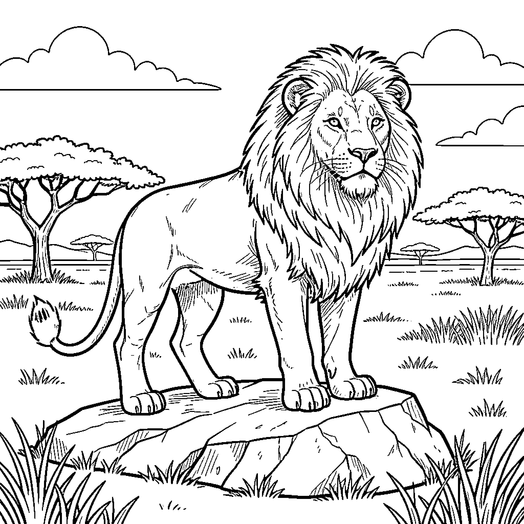Lion standing proudly on a rocky outcrop Coloring Page (free black-and-white line drawing printable PDF for all, from beginners to advanced learners, including children, teens, adults, and seniors)