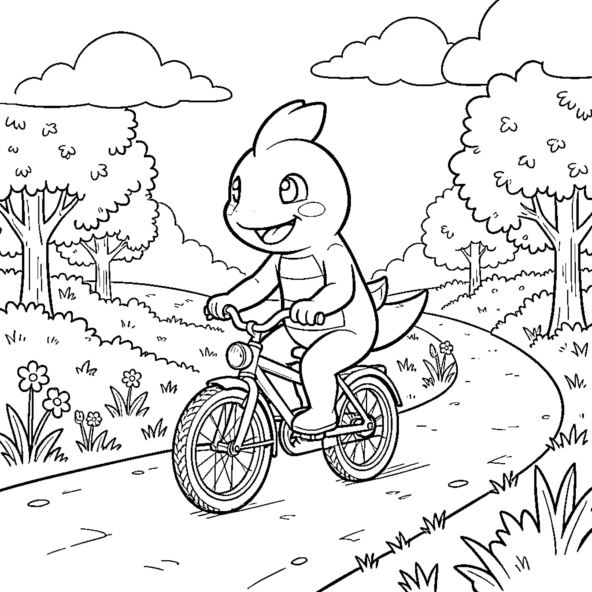 Salamèche riding a bicycle through a scenic park Coloring Page (free black-and-white line drawing printable PDF for all, from beginners to advanced learners, including children, teens, adults, and seniors)