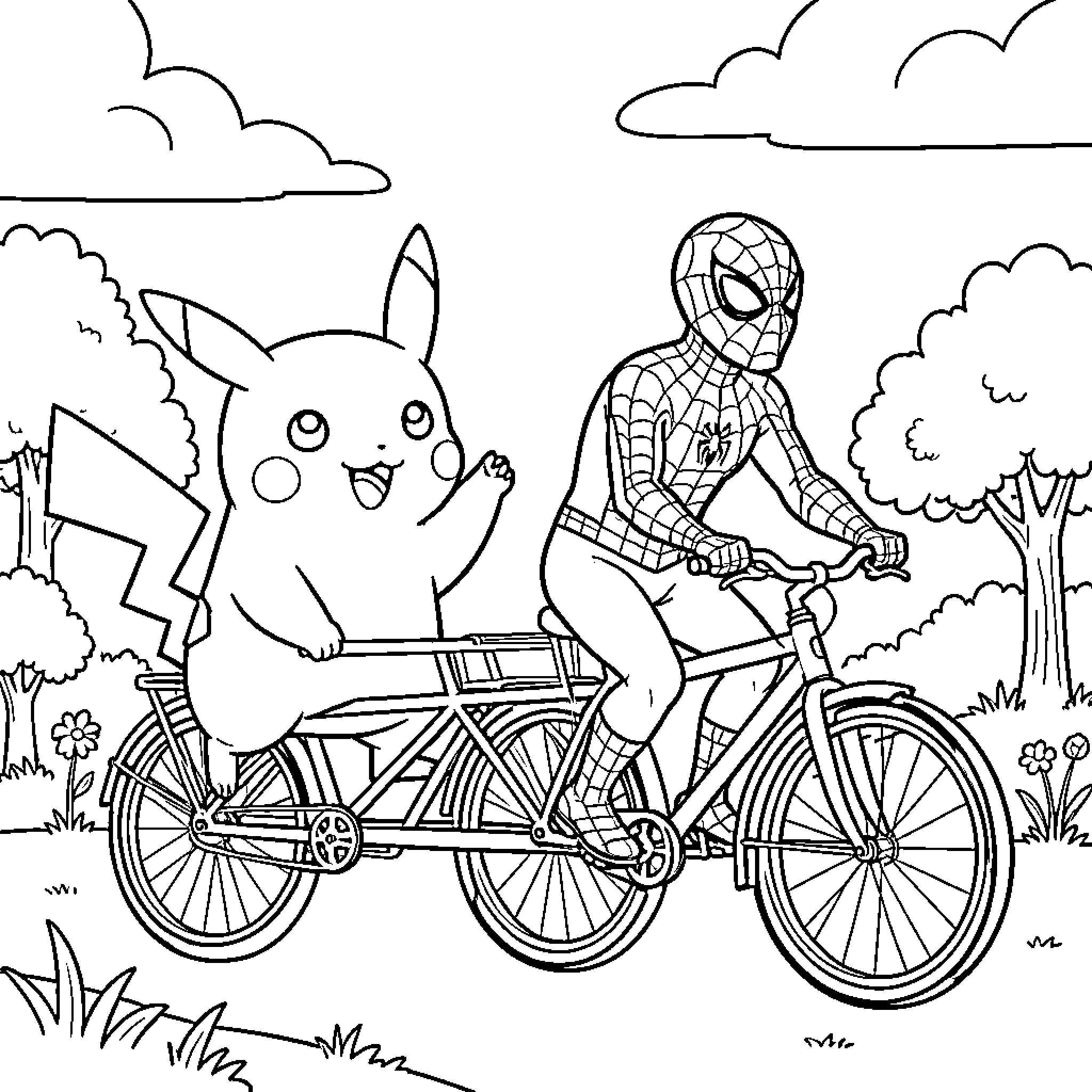 Pikachu and Spider-Man ride bicycles through nature Coloring Page (free black-and-white line drawing printable PDF for all, from beginners to advanced learners, including children, teens, adults, and seniors)