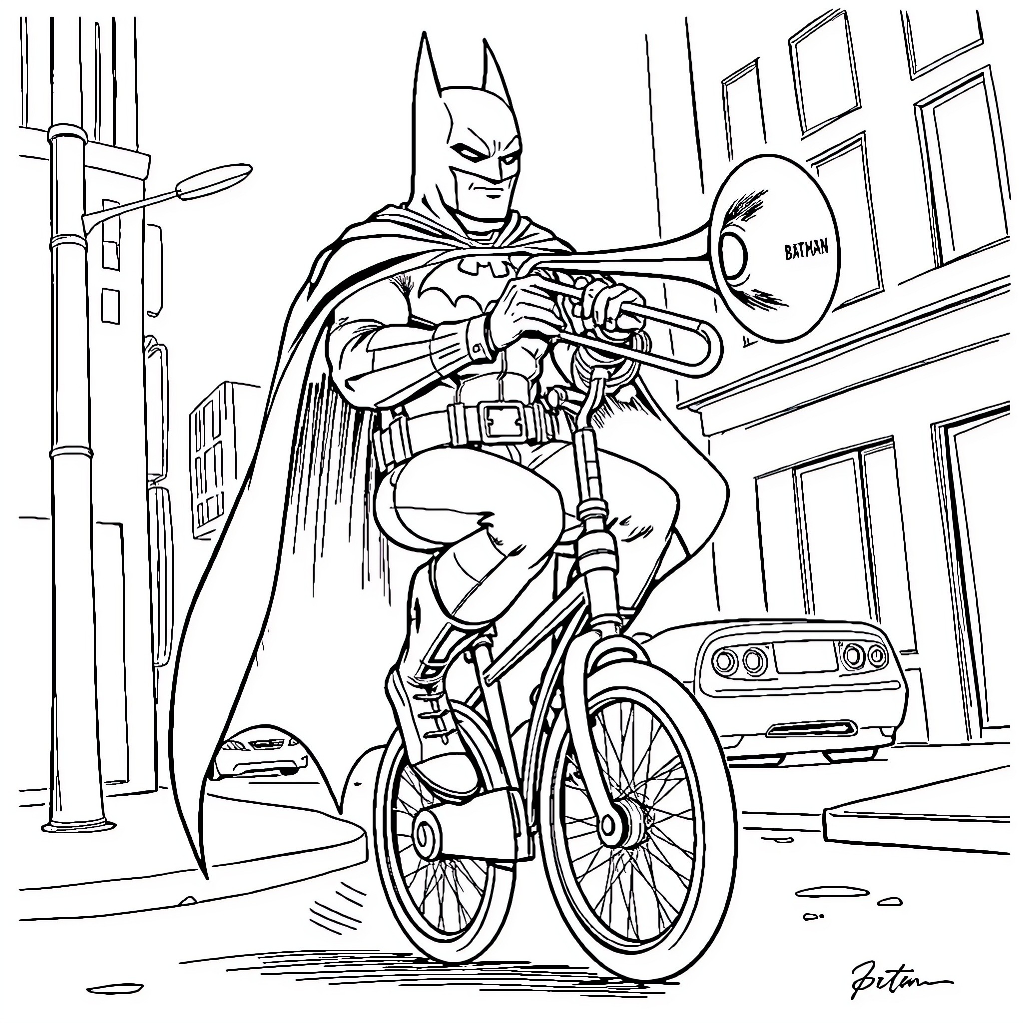 Batman riding a bicycle in the city Coloring Page (free black-and-white line drawing printable PDF for all, from beginners to advanced learners, including children, teens, adults, and seniors)